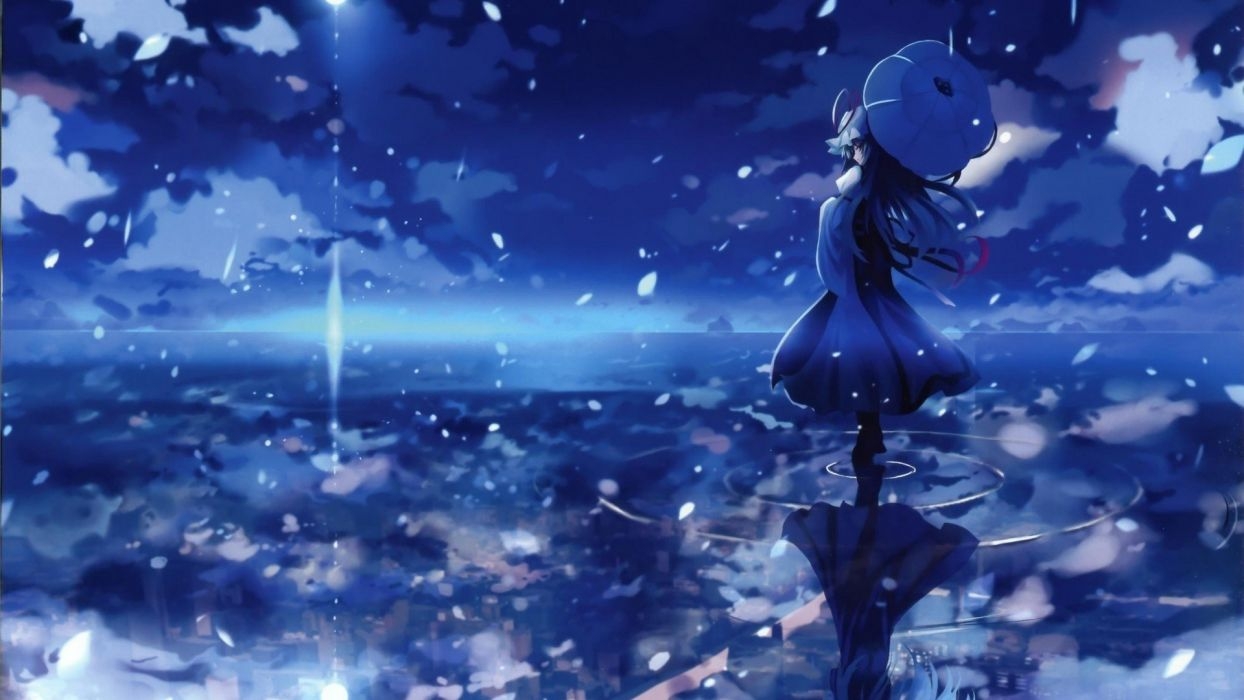 1250x700 Women water blue Touhou Yakumo Yukari umbrellas skyscapes, Desktop