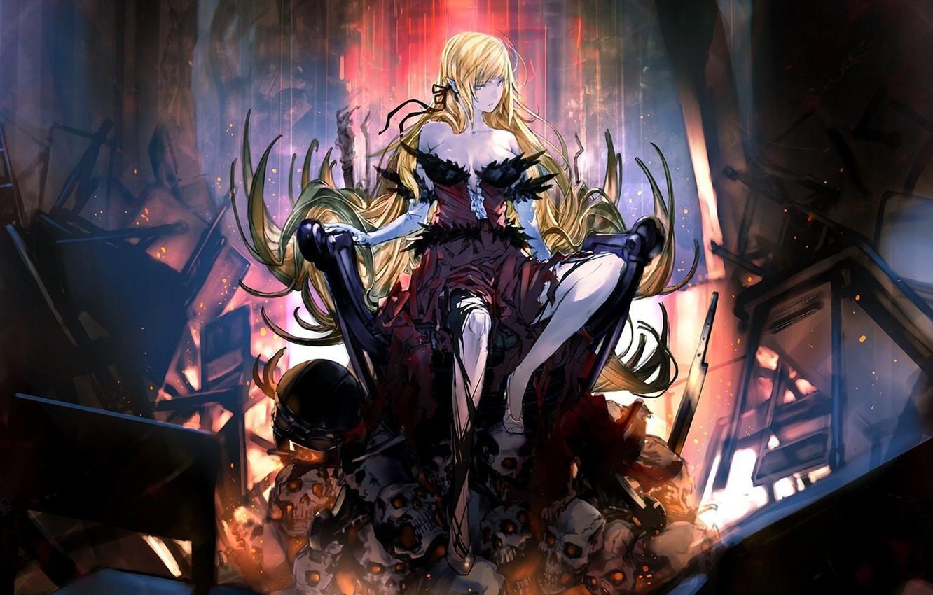 1340x850 Wallpaper girl, skulls, anime, vampire, blonde, artwork, fantasy art, Desktop