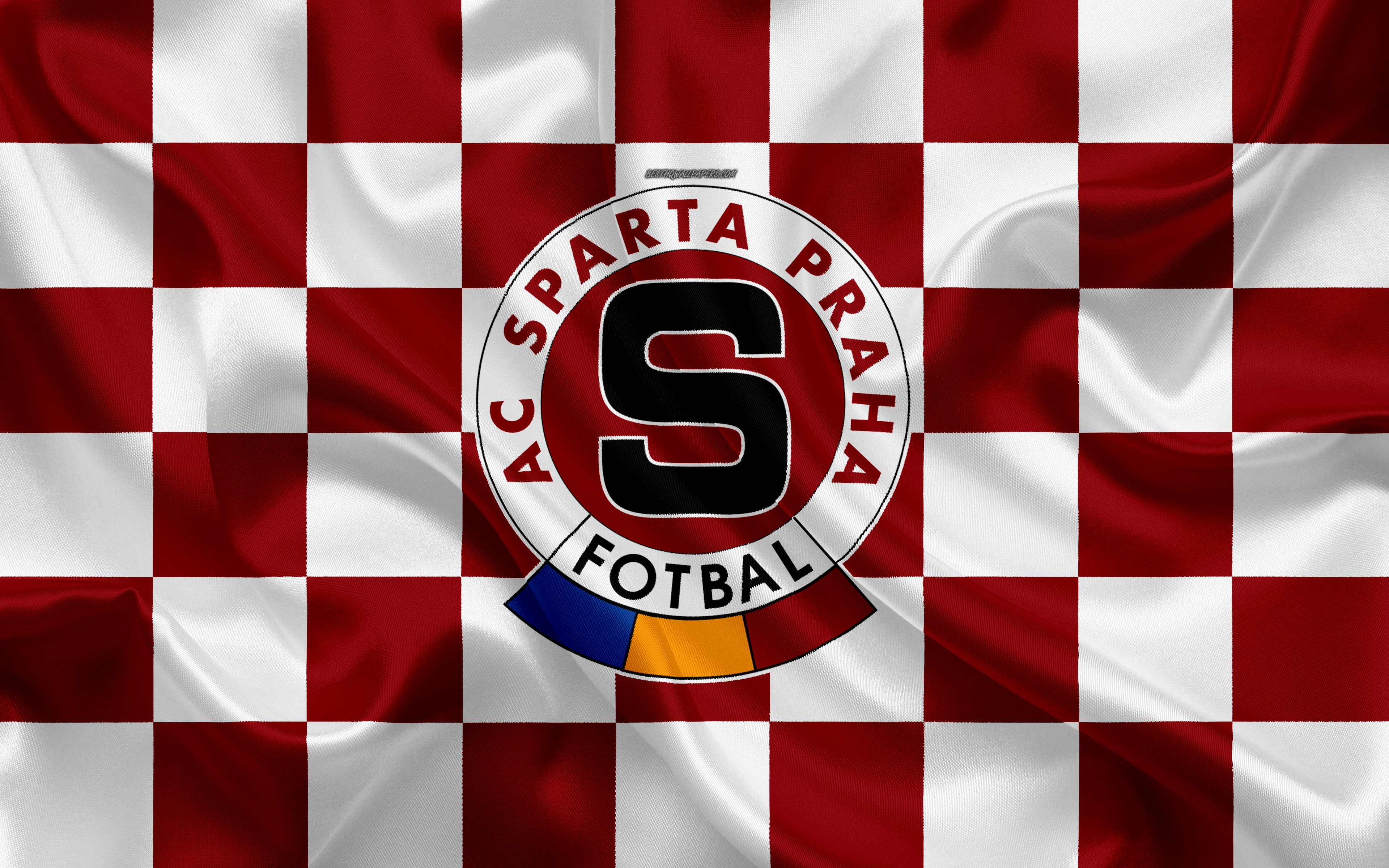 3840x2400 Download wallpaper AC Sparta Prague, 4k, logo, creative art, burgundy white checkered flag, Czech football club, Czech First League, silk texture, Prague, Czech Republic, football for desktop with resolution. High Quality, Desktop