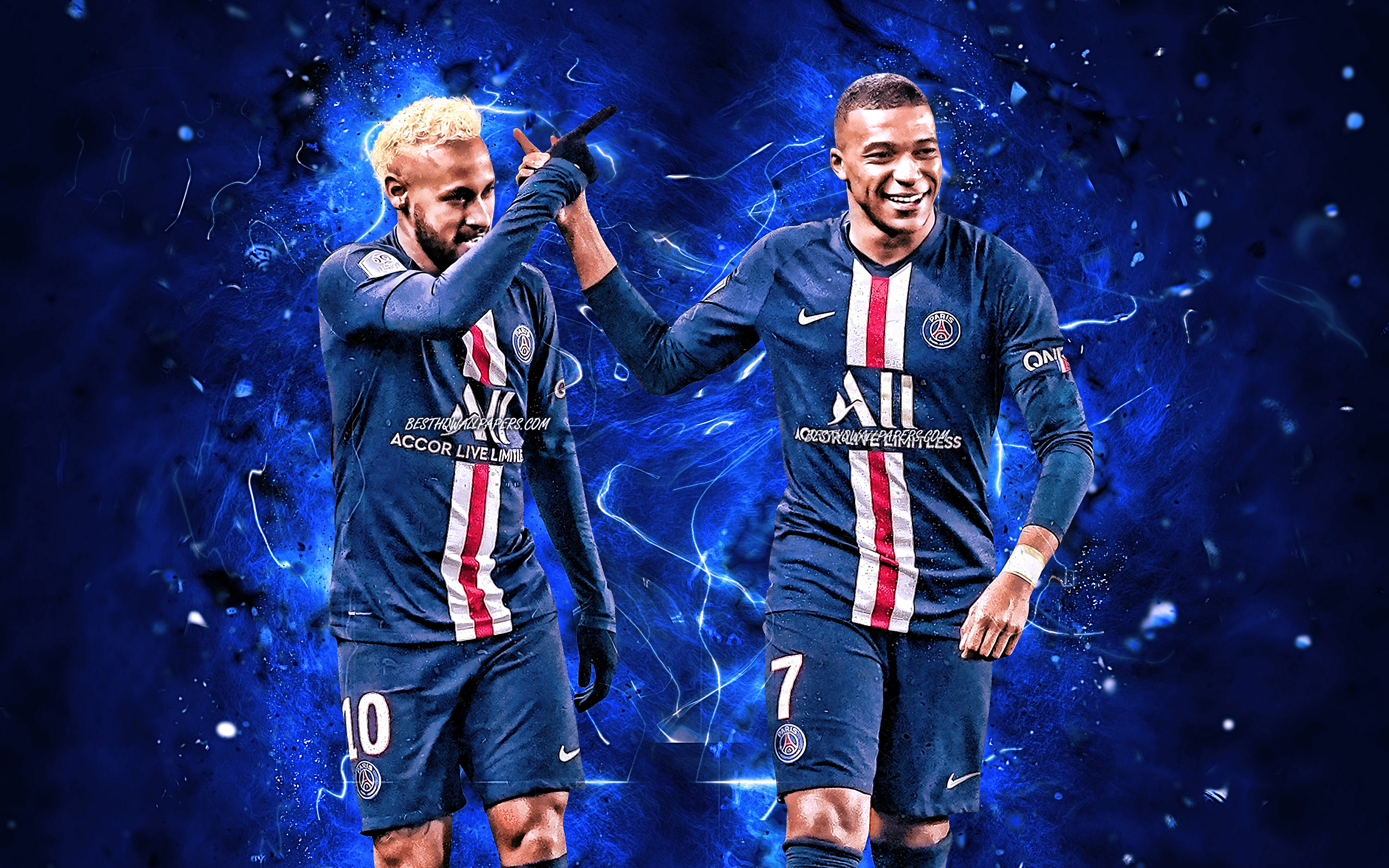 2880x1800 Download Wallpaper Neymar And Mbappe, PSG, Goal, Ligue Blue Neon Lights, Neymar Da Silva Santos Junior, Soccer, Football, Neymar, Kylian Mbappe, Paris Saint Germain, Neymar JR For Desktop With Resolution, Desktop