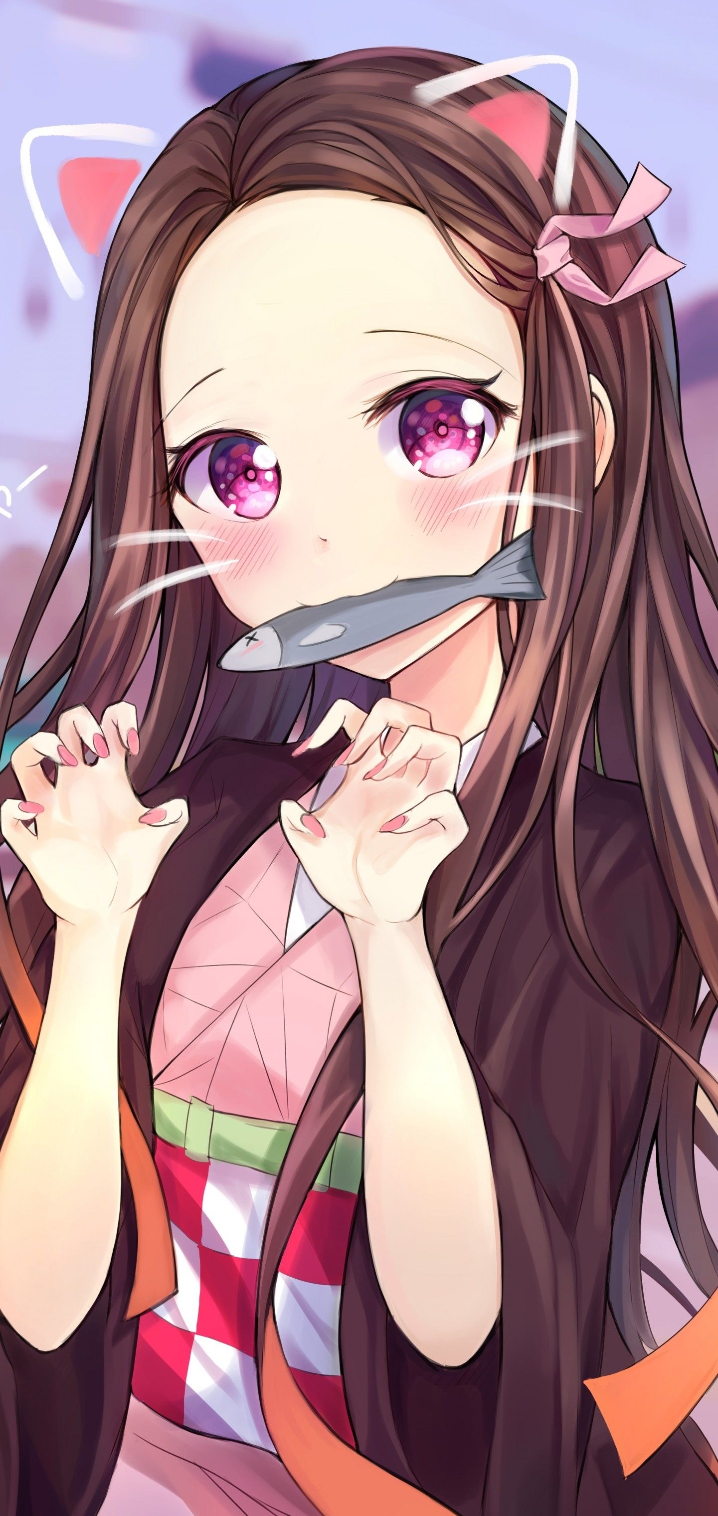 1440x3040 Download  Kamado Nezuko, Cute, Brown Hair, Animal Ears, Phone