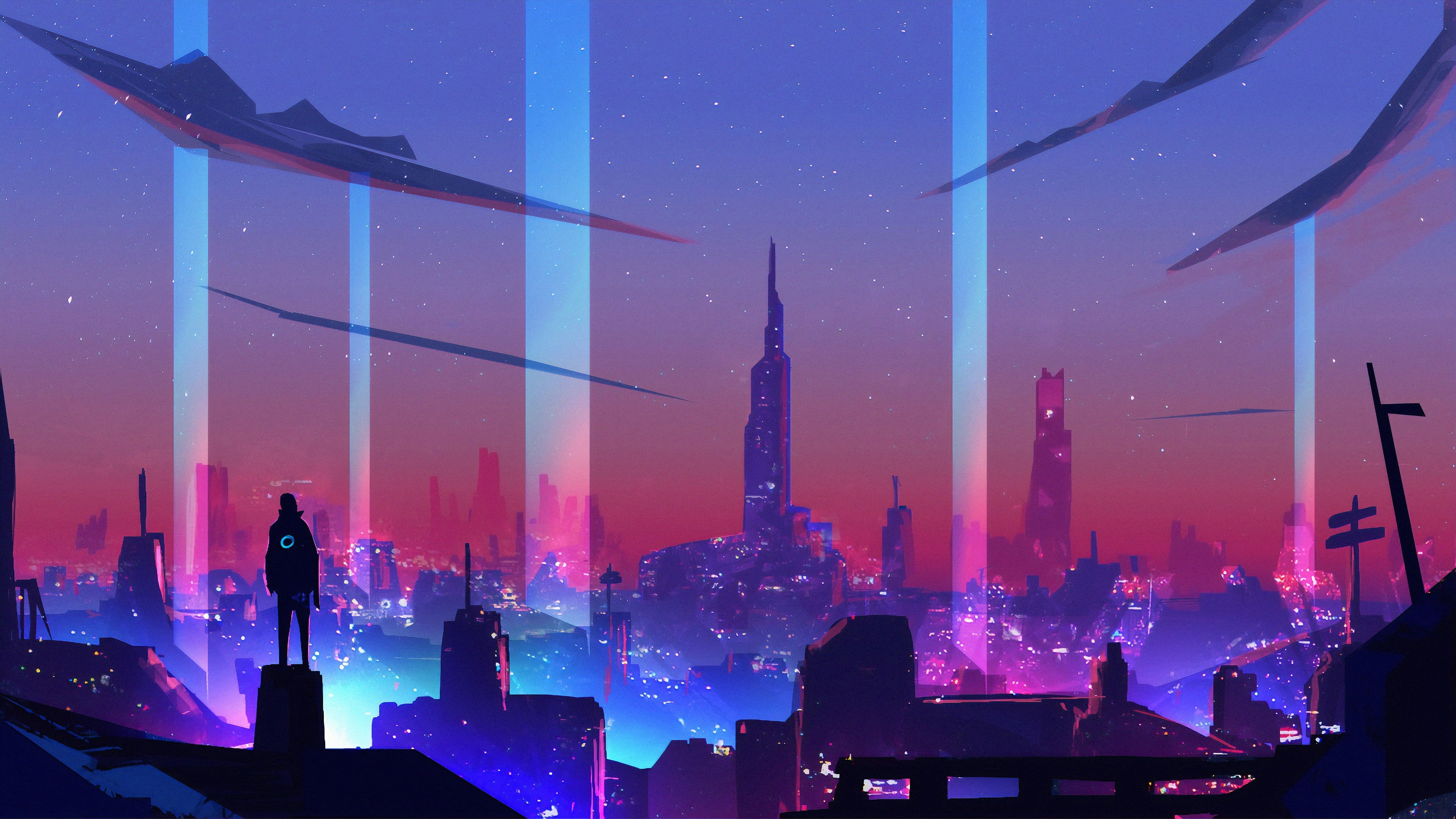 3840x2160 Wallpaper / futuristic, city, building, 4K, cyberpunk, digital, cyber, artwork, evening, concept art, city lights, sky, cityscape, digital art, dusk, science fiction free download, Desktop