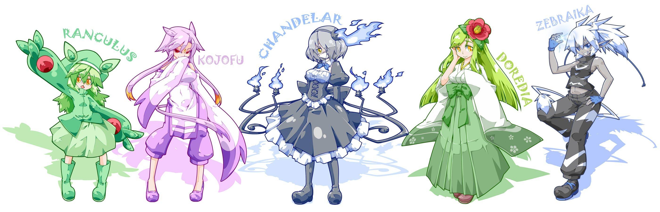 2800x900 anthropomorphism chandelure fire flowers hat lilligant mienshao, Dual Screen