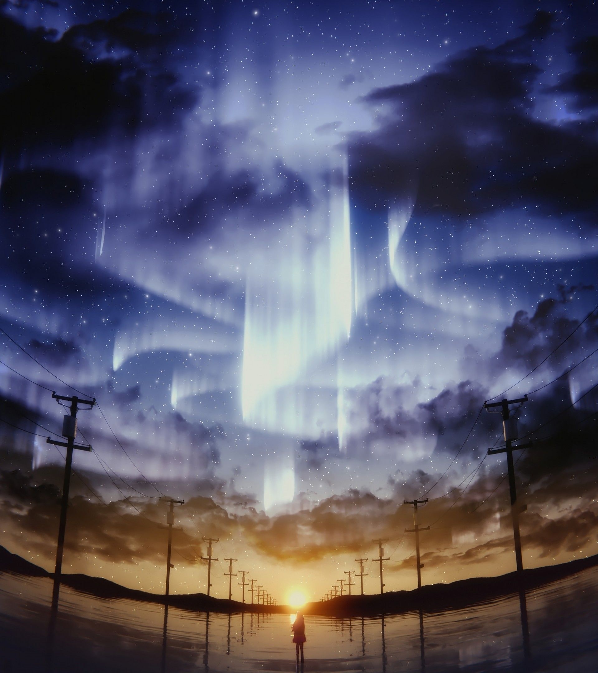 1920x2160 Download  Anime Girl, Starry Sky, Aurora, Sunlight, Reflection, Scenic Wallpaper, Phone