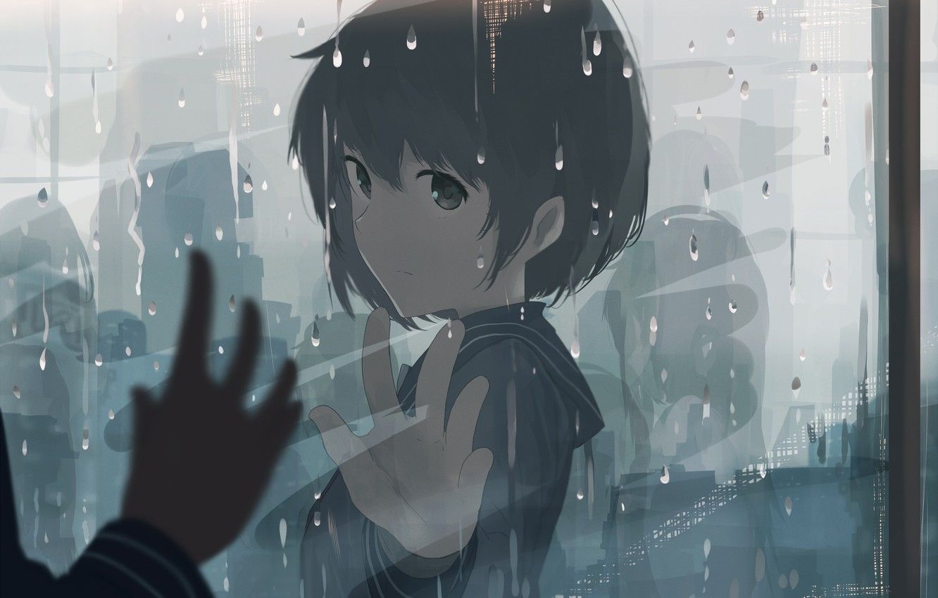 1340x850 Wallpaper rain, blue, eyes, anime, art, mfua. RU image, Desktop