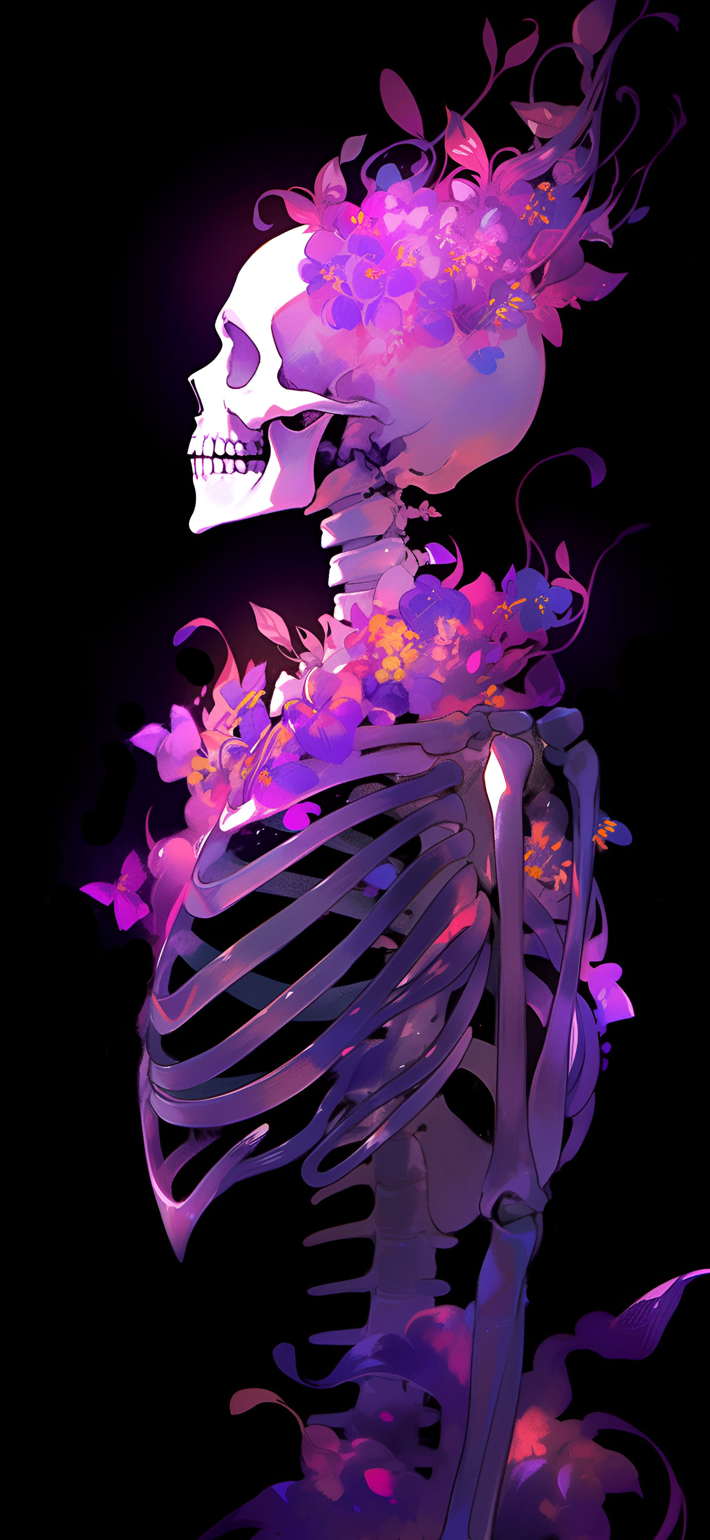 1470x3180 Skeleton in Purple Flowers Halloween Wallpaper, Phone