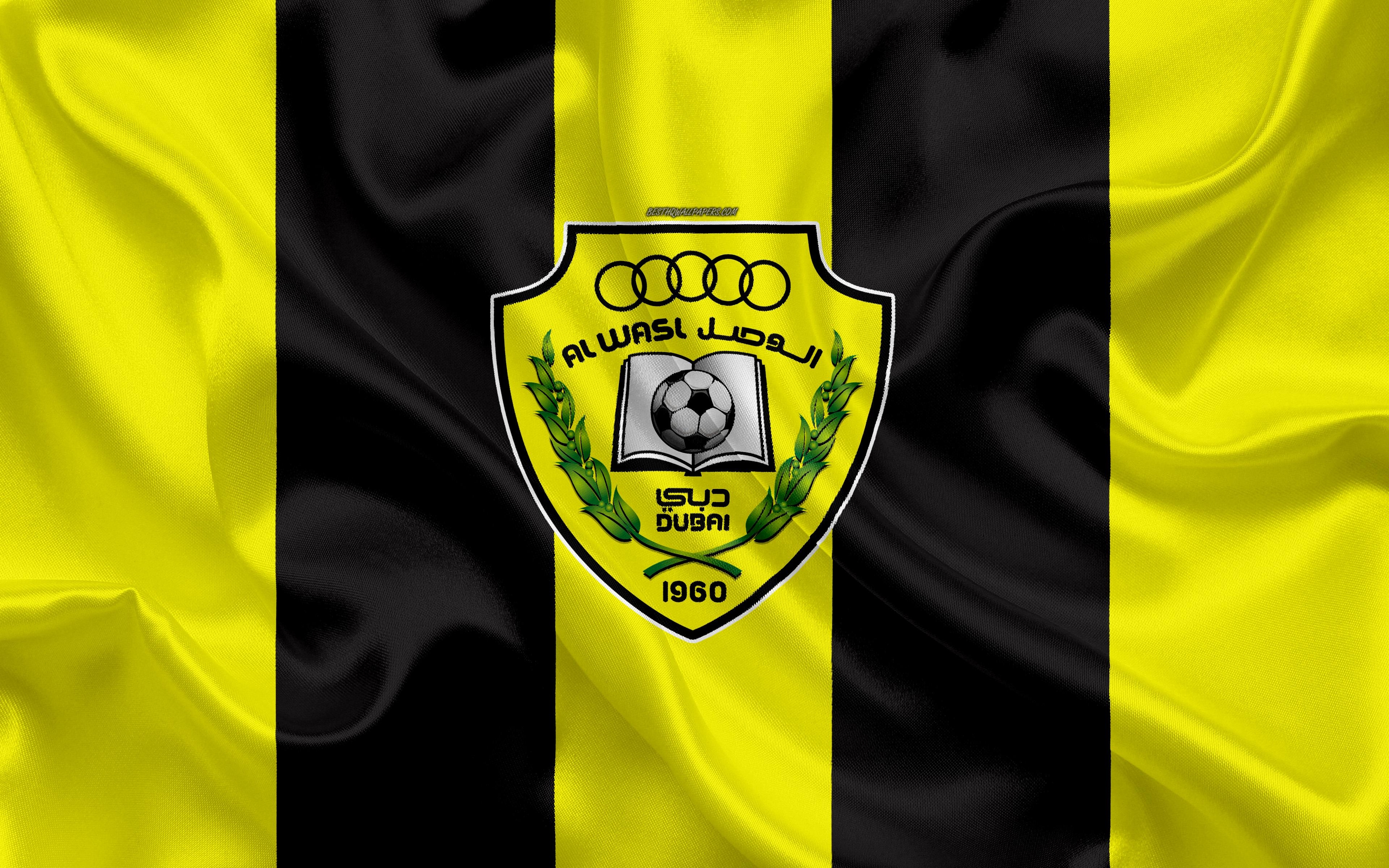 3840x2400 Download wallpaper Al Wasl FC, 4k, logo, yellow black silk flag, Desktop