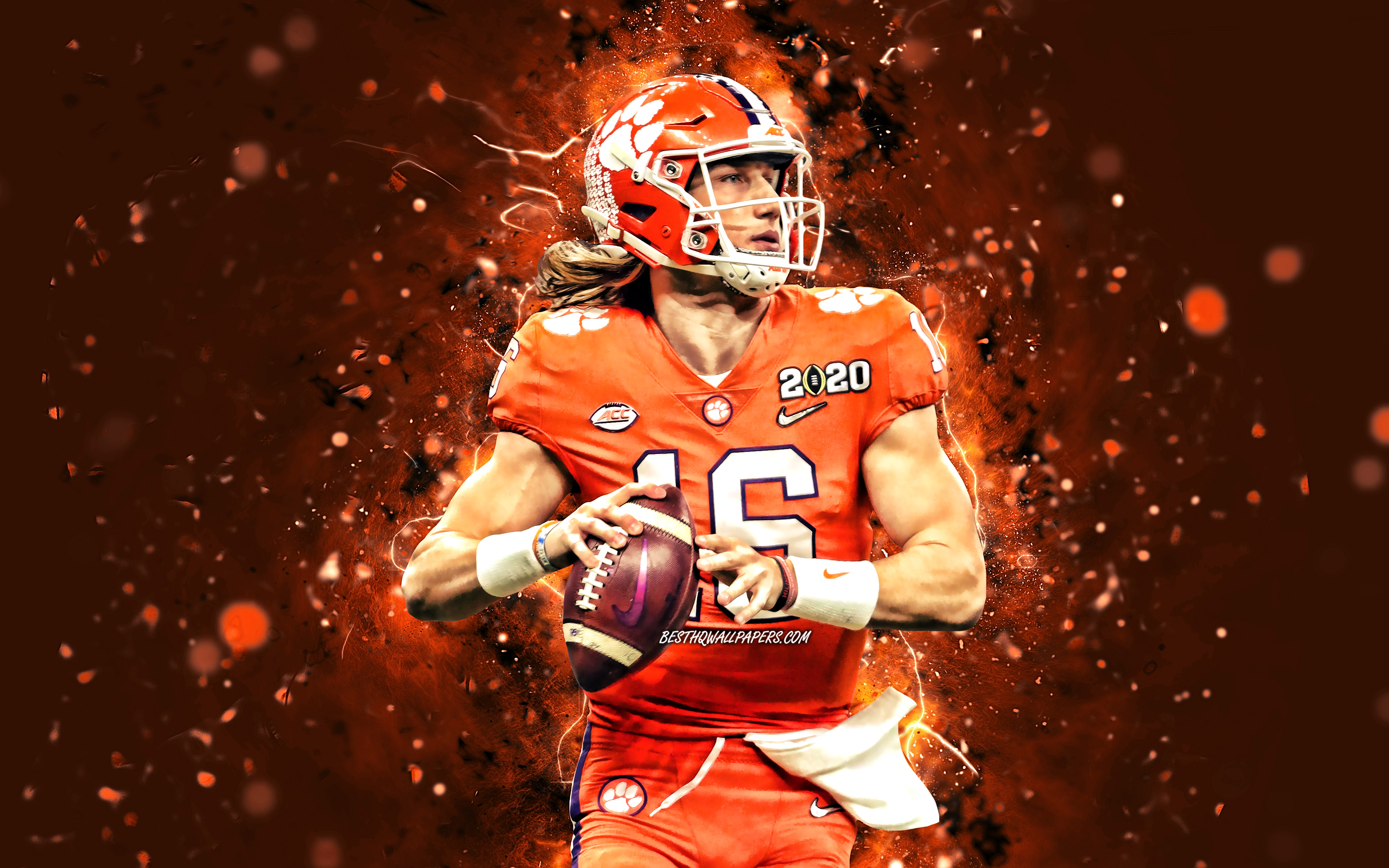 3840x2400 Download wallpaper Trevor Lawrence, 4k, quarterback, Clemson Tigers, american football, NCAA, William Trevor Lawrence, orange neon lights, Trevor Lawrence Clemson Tigers, Trevor Lawrence 4K for desktop with resolution. High Quality HD, Desktop