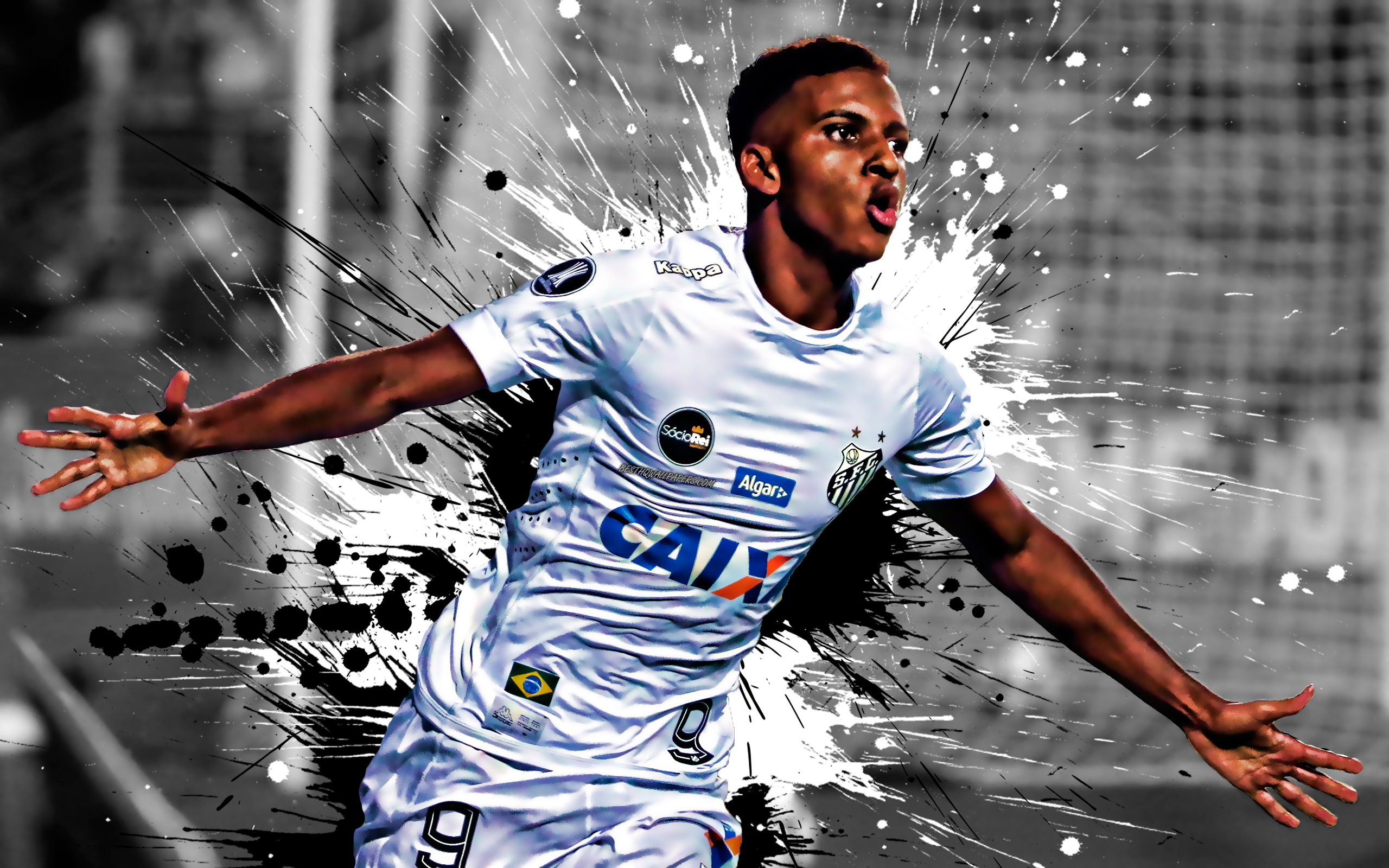 2560x1600 Download Wallpaper Rodrygo, 4k, Brazilian Football Player, Santos FC, Striker, White Black Paint Splashes, Creative Art, Serie A, Brazil, Football, Grunge, Rodrygo Goes For Desktop With Resolution. High Quality HD Picture Wallpaper, Desktop