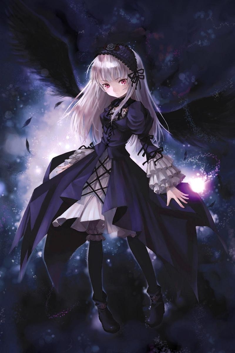 800x1200 Download wallpaper  anime, girl, wings, flying, black, Phone