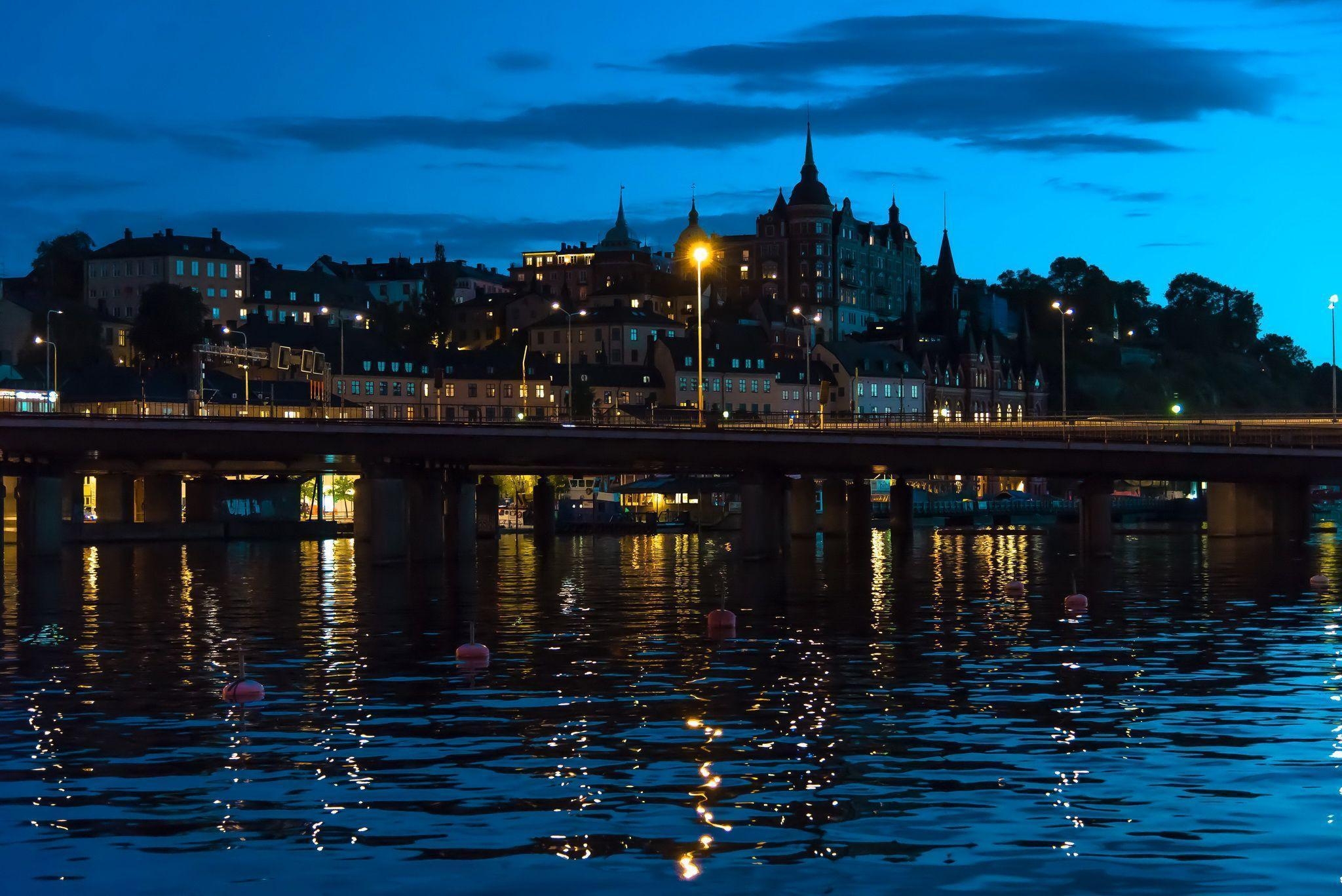 2050x1370 Wallpaper Stockholm Sweden Bridges Water Rivers night, Desktop