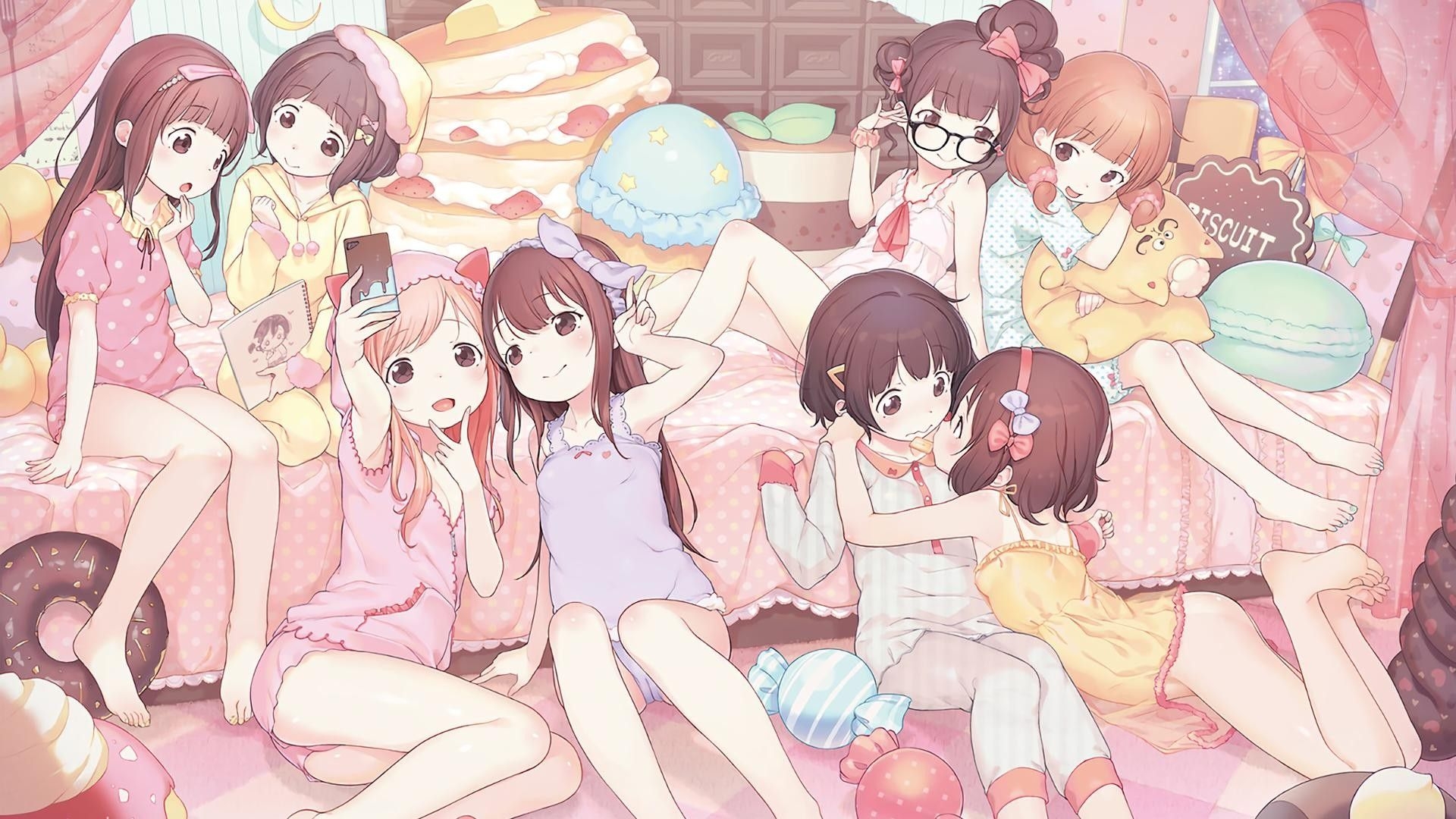 1920x1080 #loli, #anime girls, #anime, #candies, #pyjamas, #pink, Desktop