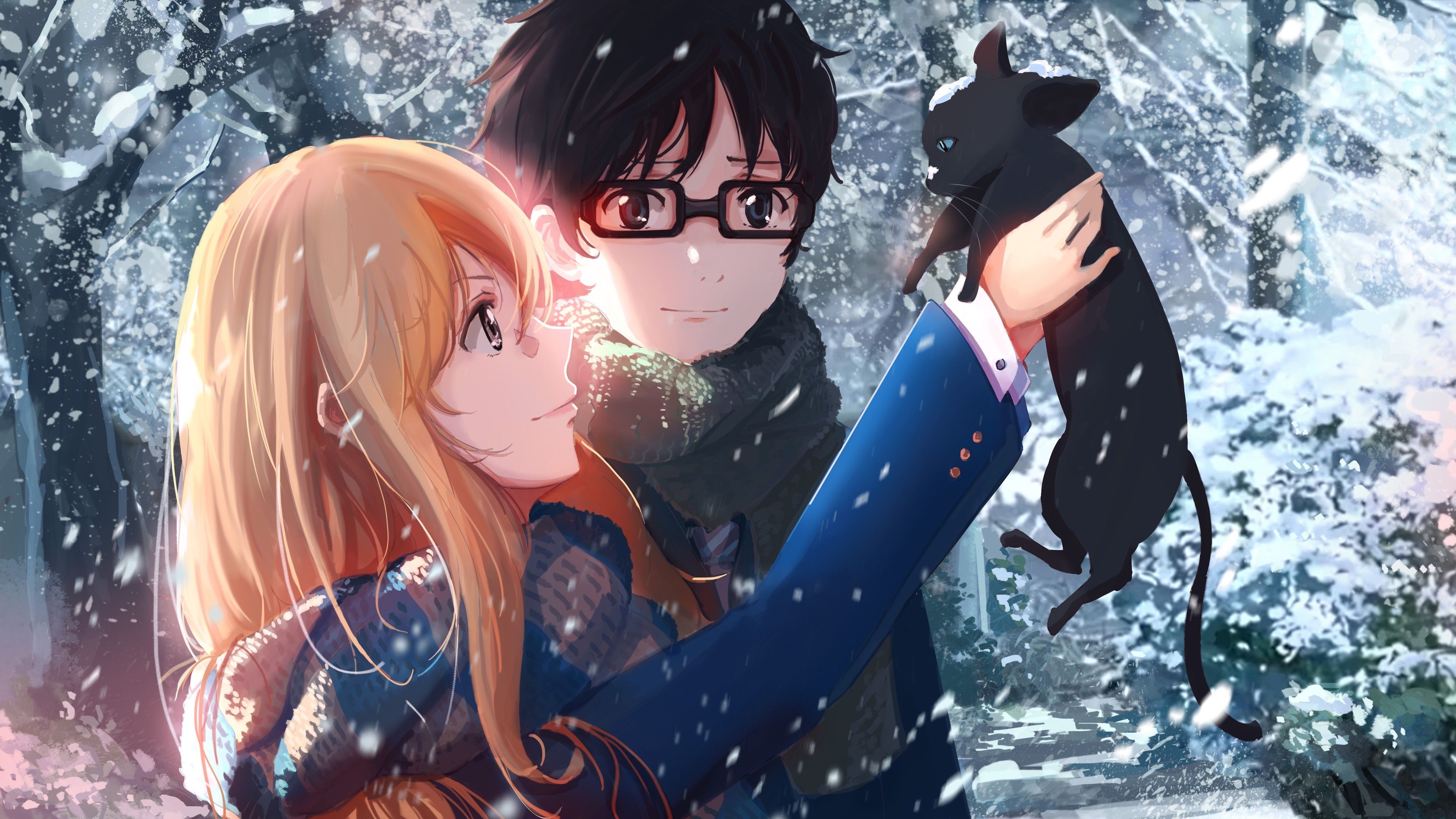 3840x2160 Wallpaper Anime girl and boy in winter, cat, snow  UHD 4K, Desktop