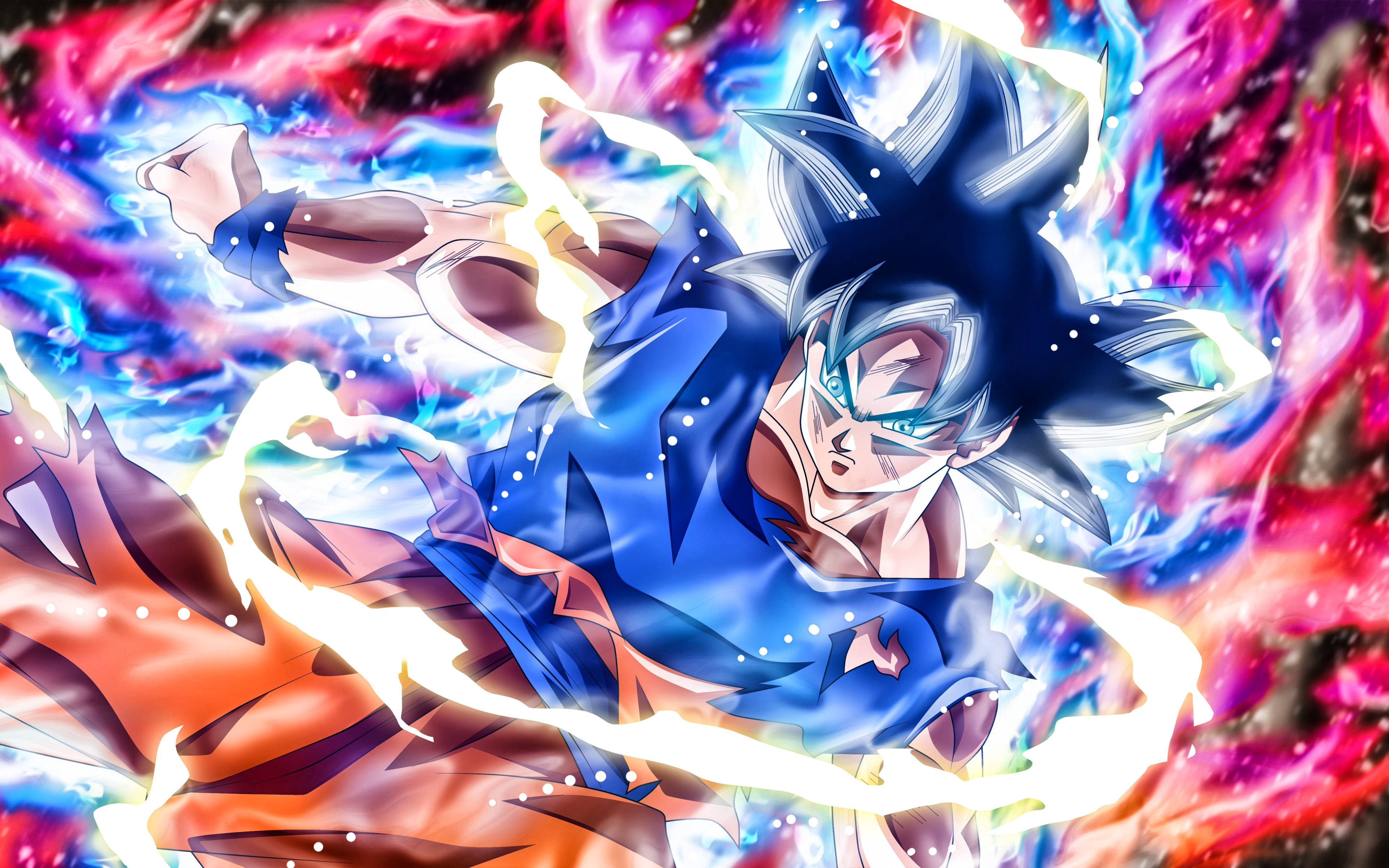 3840x2400 Download wallpaper Ultra Instinct Goku, fire, neon lights, DBS, 4k, Dragon Ball, Super Saiyan God, Dragon Ball Super, Migatte No Gokui, Mastered Ultra Instinct for desktop with resolution. High Quality HD, Desktop