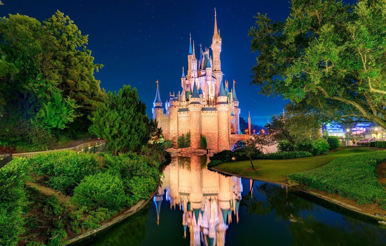 1340x850 Wallpaper the sky, stars, trees, Park, river, USA, Disneyland, Desktop