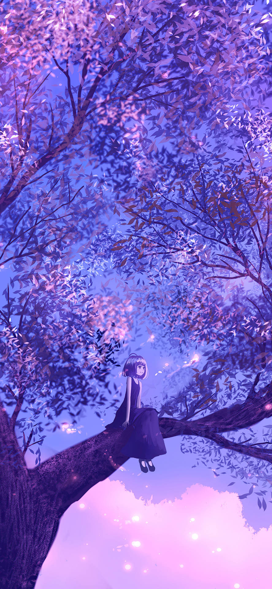 890x1920 Download Girl On Tree Purple Anime Aesthetic Wallpaper, Phone