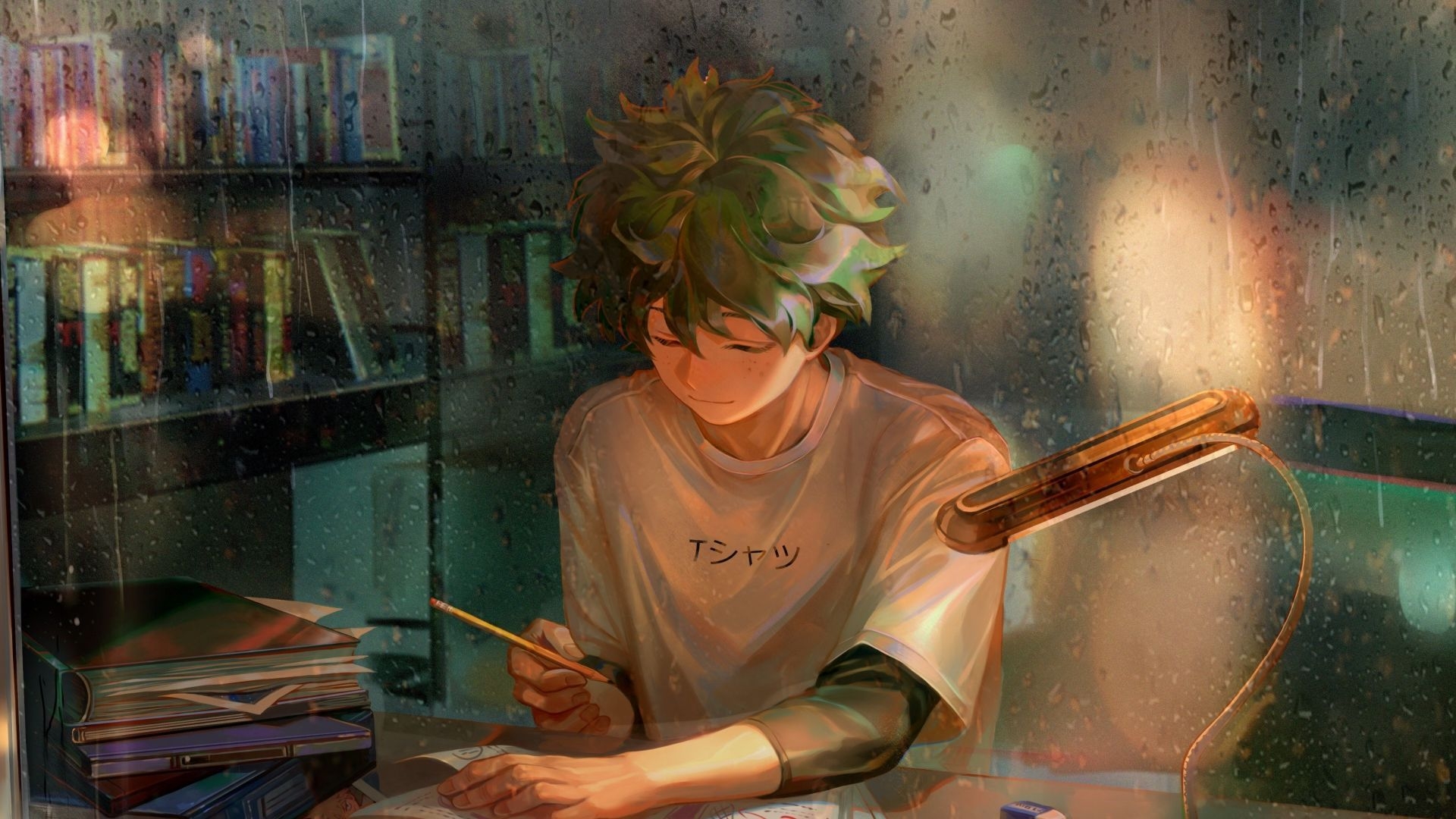 1920x1080 Desktop wallpaper homework, green hair, anime boy, art, izuku midoriya, HD image, picture, background, d29ef5, Desktop