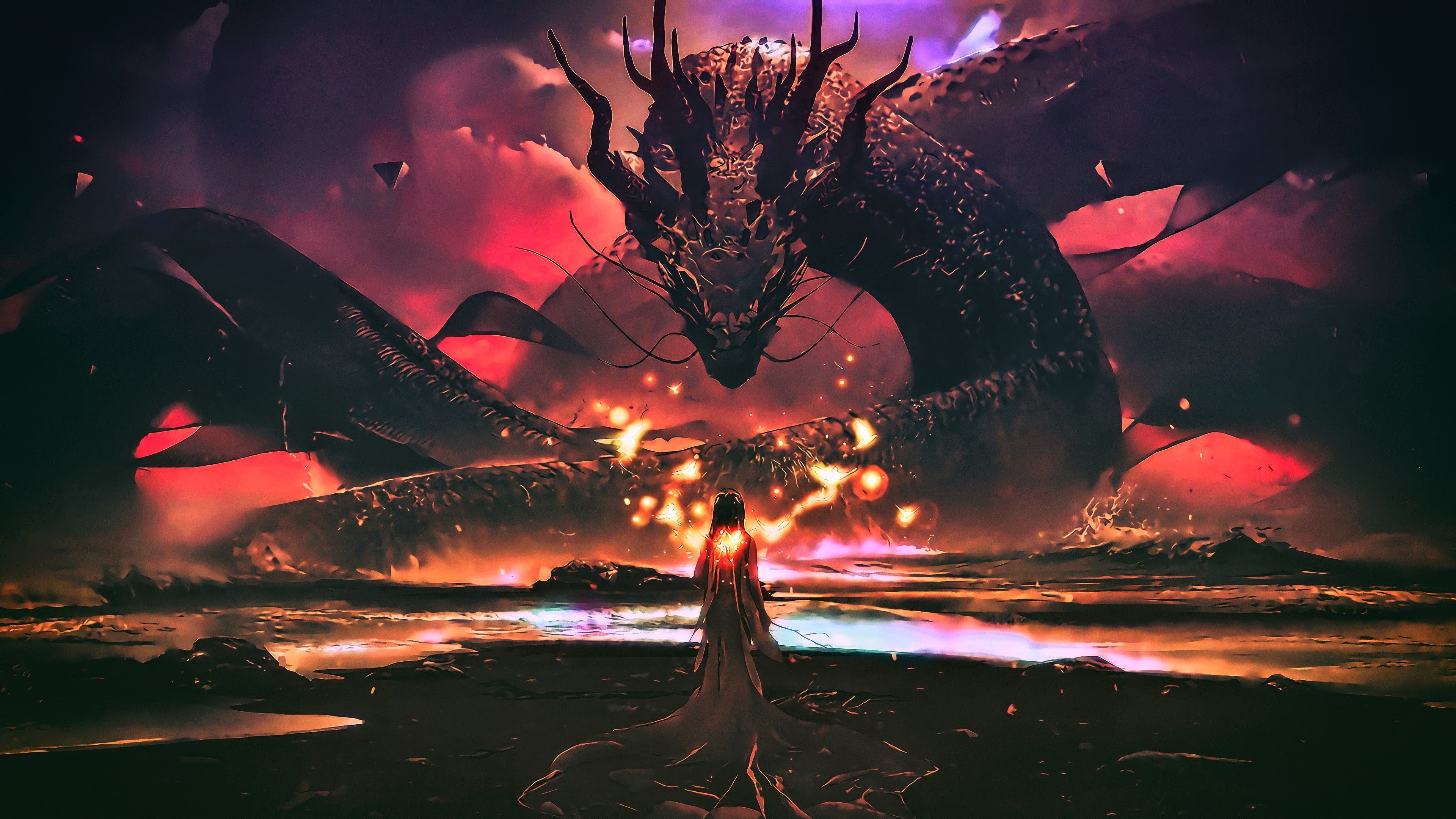 3840x2160 dragon #darkness digital art #sky #woman dragon art #heat #art #artwork fantasy art #imagination K #wax2160 wallpaper, Digital wallpaper, Goddess artwork, Desktop