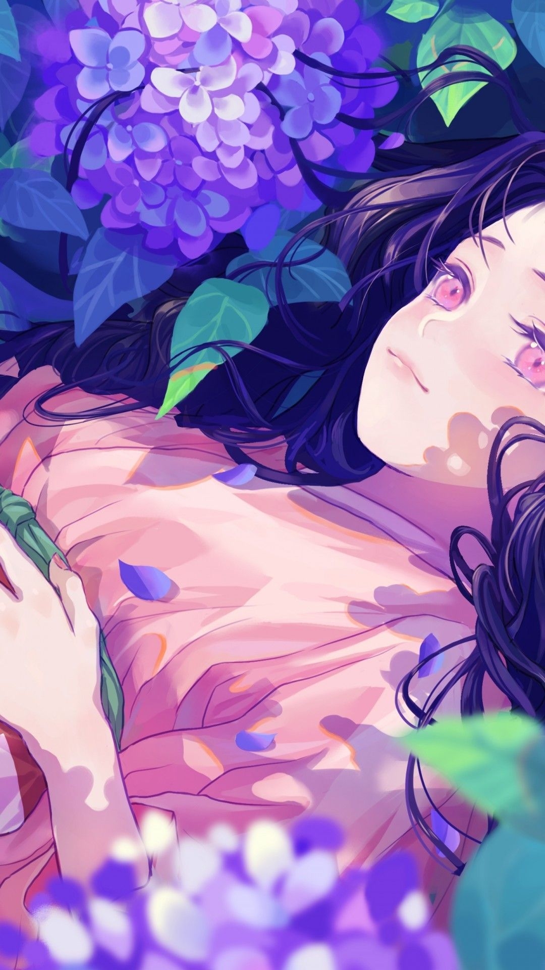 1080x1920 Download  Kamado Nezuko, Demon Slayer, Kimetsu No Yaiba, Lying Down, Purple Flowers, Kimono Wallpaper for iPhone iPhone 7 Plus, iPhone 6+, Sony Xperia Z, HTC One, Phone