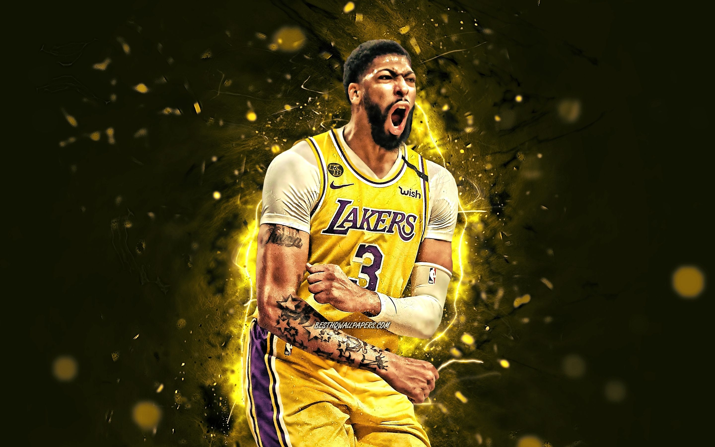 2880x1800 Download wallpaper Anthony Davis, joy, Los Angeles Lakers, NBA, basketball stars, Anthony Marshon Davis Jr, yellow neon lights, basketball, LA Lakers, creative, Anthony Davis Lakers for desktop with resolution. High Quality, Desktop