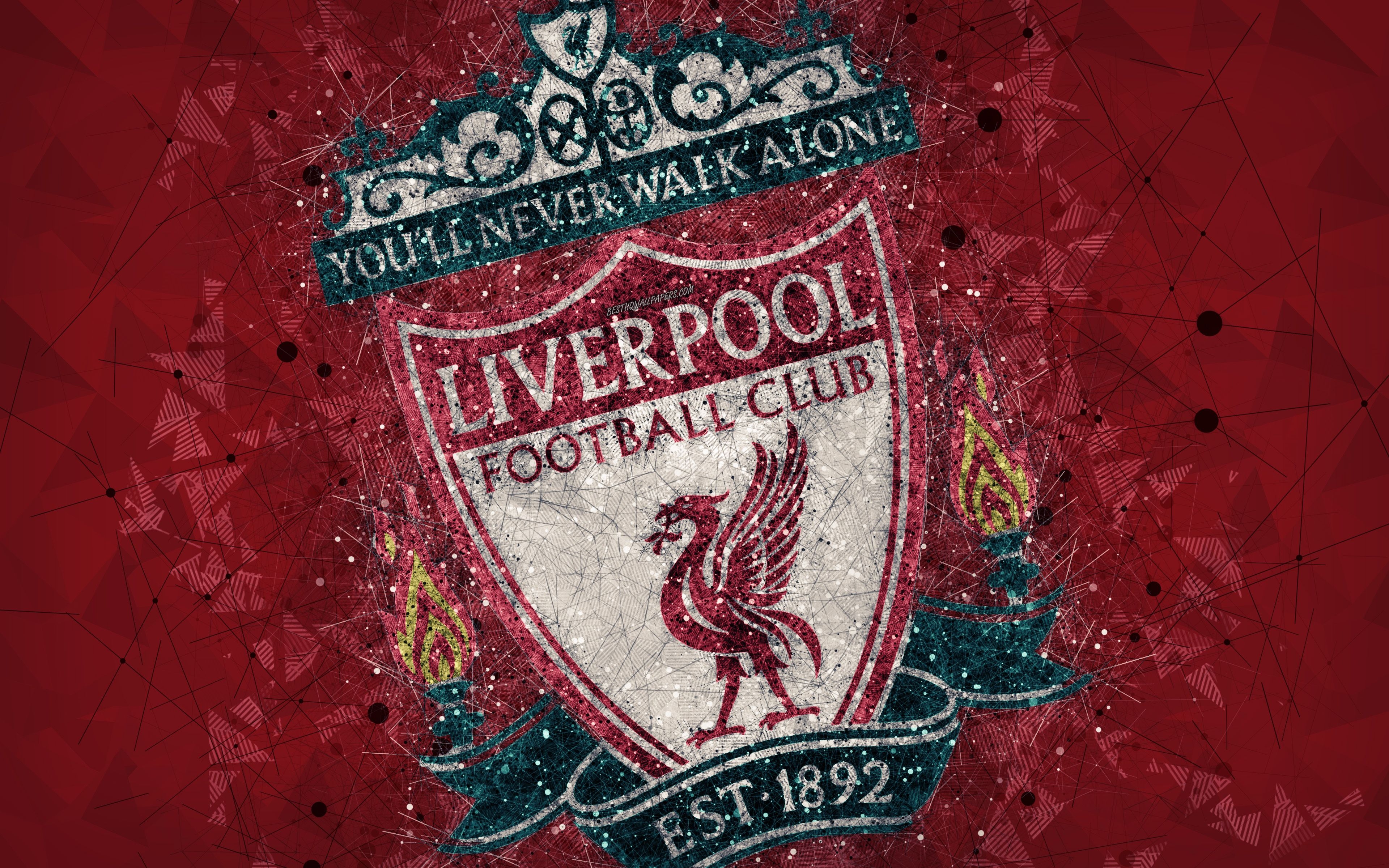 3840x2400 Download wallpaper Liverpool FC, 4k, logo, geometric art, English, Desktop