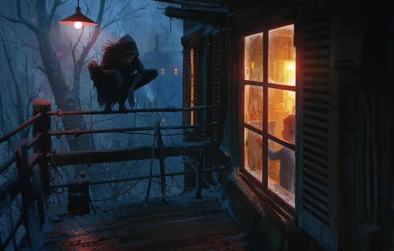 1340x850 Wallpaper Winter, Night, Boy, Monster, House, Lamp, Light, Balcony, Window, Child, The demon, Horror, Fiction, Cold, Nikolai Lockert Of, by Nikolai Lockertsen image for desktop, section фантастика, Desktop