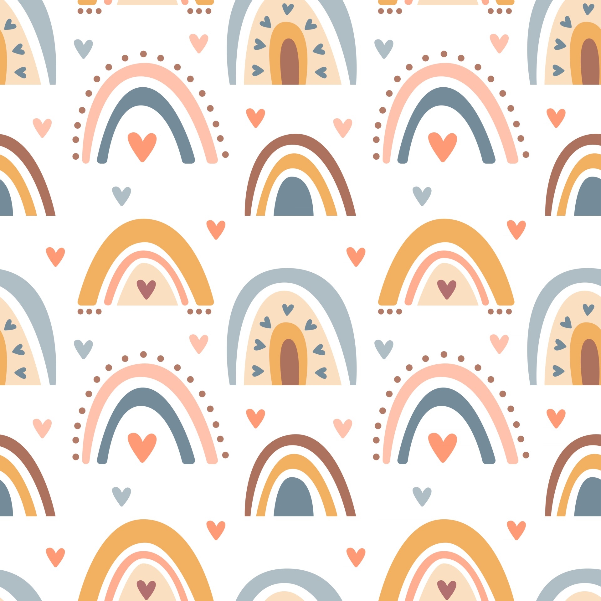 1920x1920 Hand drawn seamless pattern of cute boho rainbows pastel color isolated on white background. Vector flat illustration. Design for baby textile, wallpaper, wrapping, backdrop, Phone