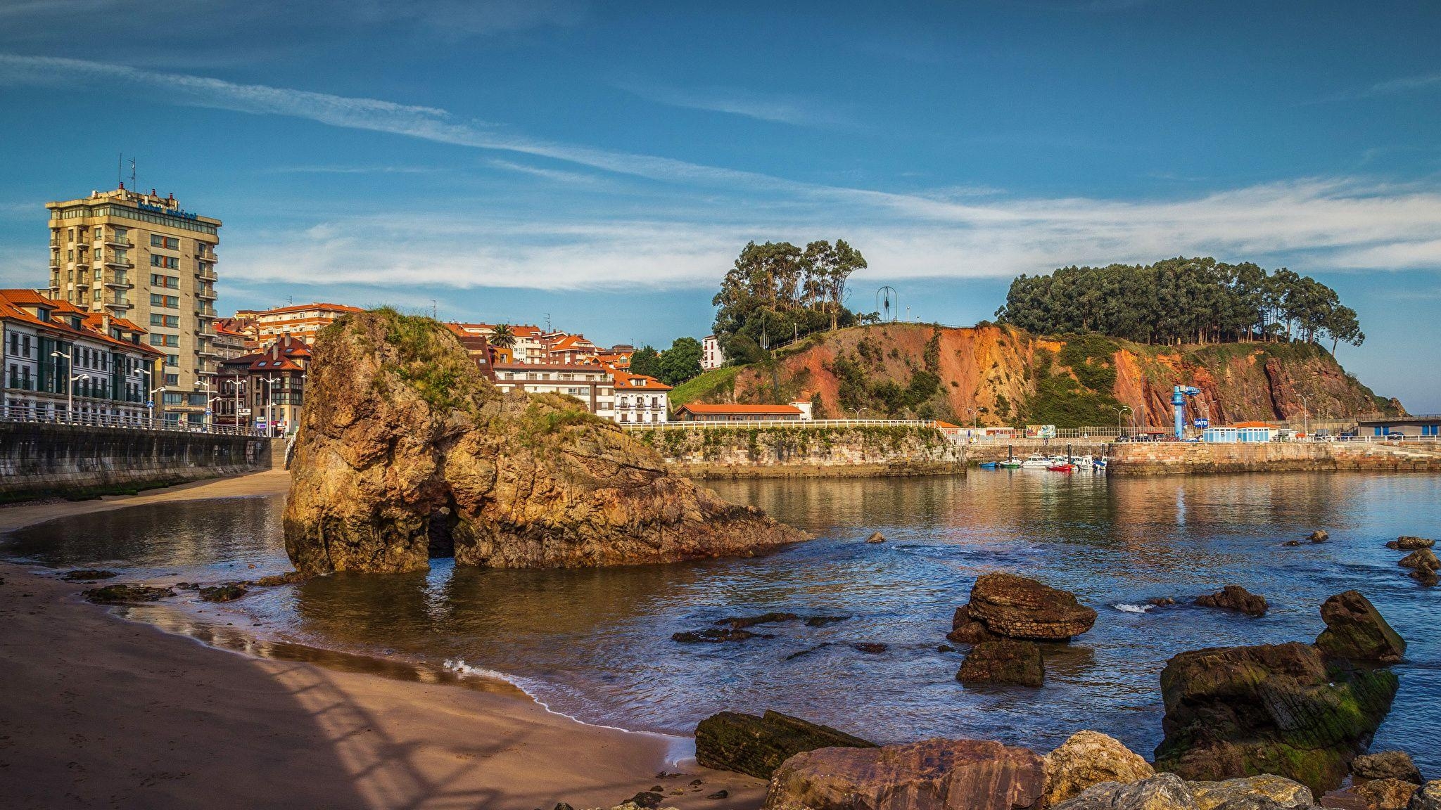 2050x1160 Wallpaper Spain Candas Asturias Crag Coast Stones Cities, Desktop