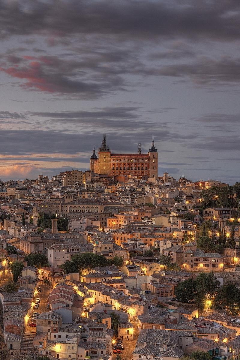 800x1200 Download wallpaper  spain, toledo, lights, dusk, hdr iphone, Phone