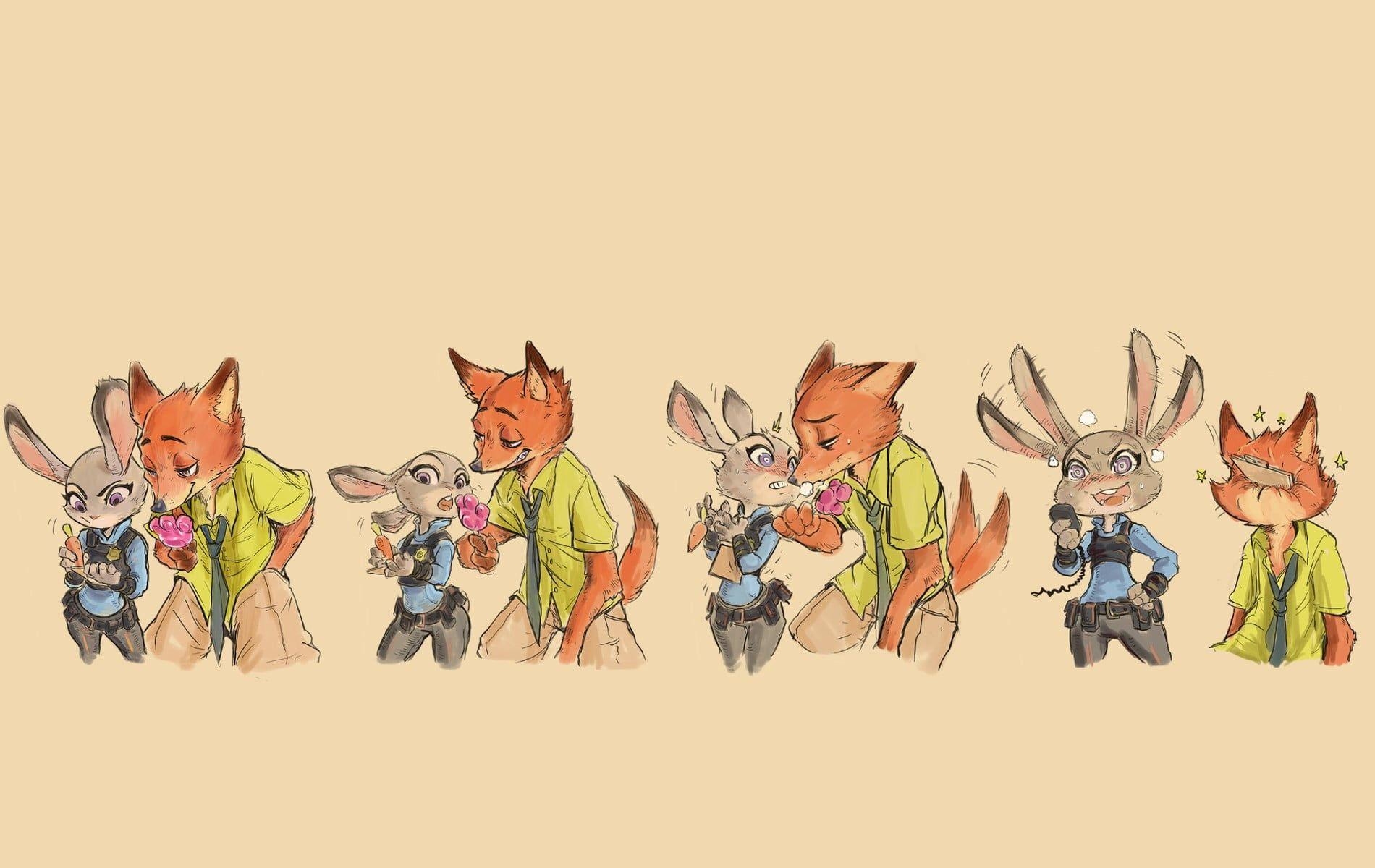 1900x1200 Orange fox illustration, Zootopia, Judy Hopps, Nick Wilde, sketches, Desktop