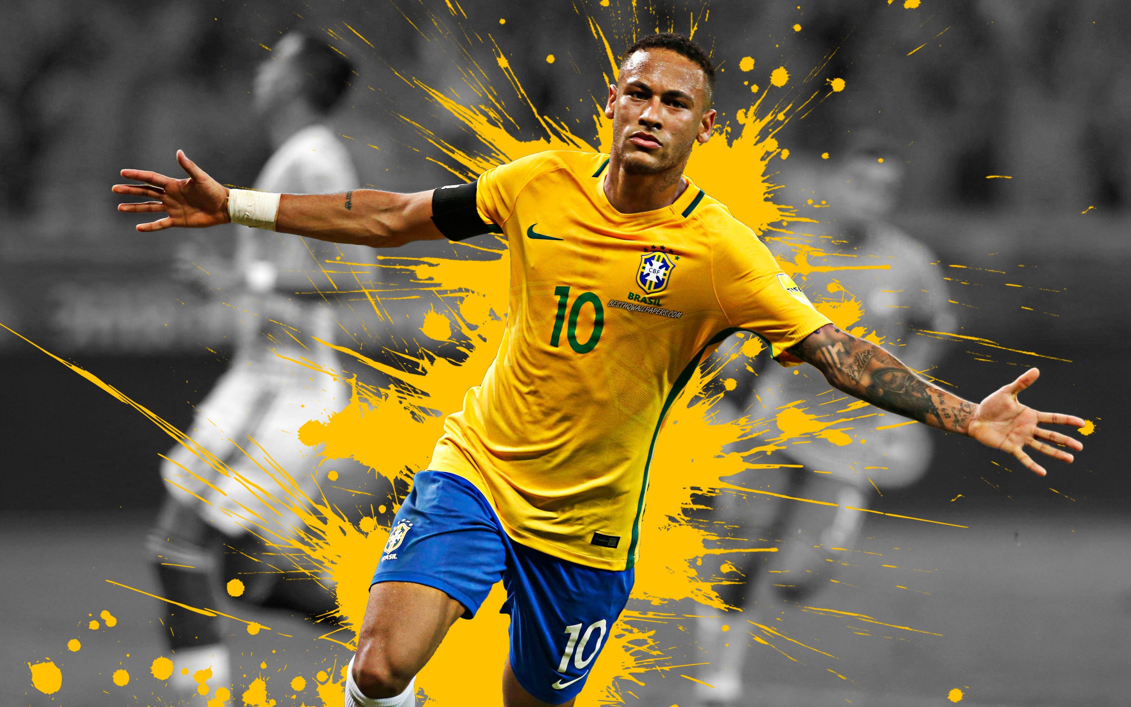 3840x2400 Download wallpaper Neymar Jr, 4k, Brazil national football team, art, splashes of paint, grunge art, Brazilian footballer, forward, creative art, Brazil, football for desktop with resolution. High Quality HD picture wallpaper, Desktop