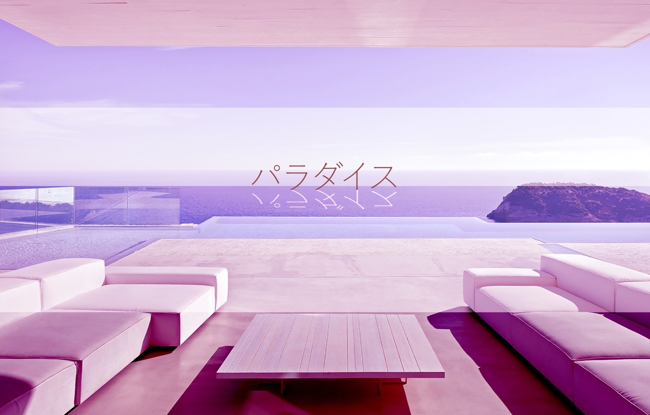 1340x850 Wallpaper sea, table, room, sofa, pink, Japanese, Sad, glitch, Vaporwave image for desktop, section стиль, Desktop