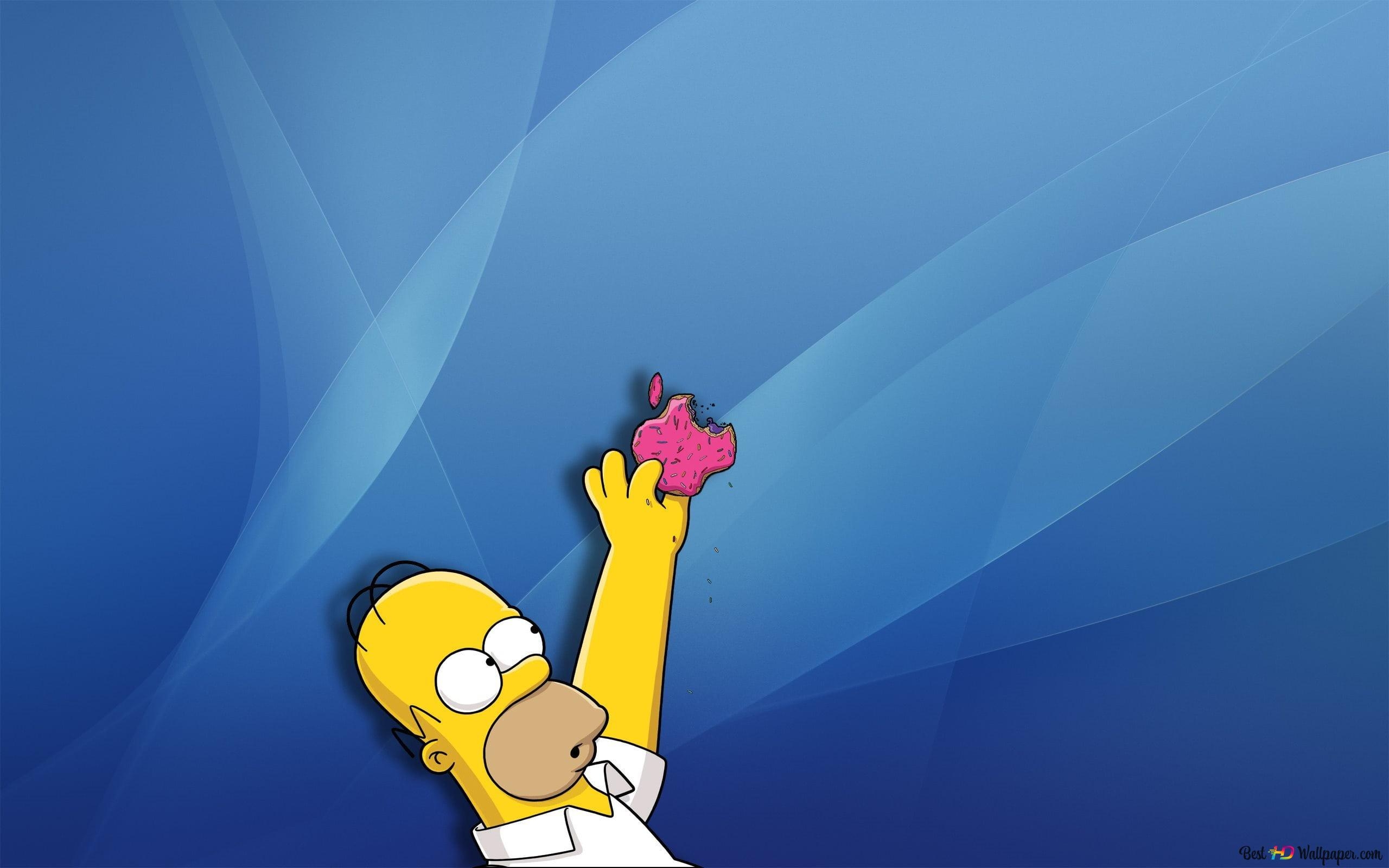 2560x1600 Simpsons cartoon character dad Homer Simpson trying to put red Apple logo on blue background 2K wallpaper download, Desktop