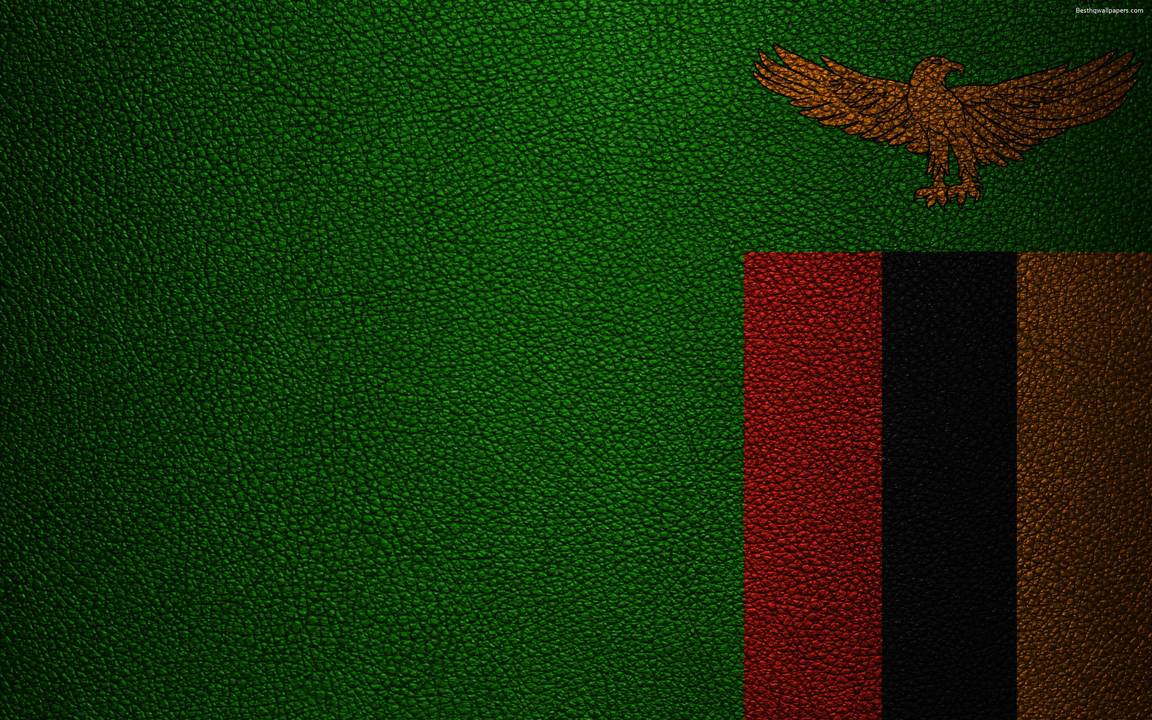 3840x2400 Download wallpaper Flag of Zambia, leather texture, 4k, Zambian, Desktop