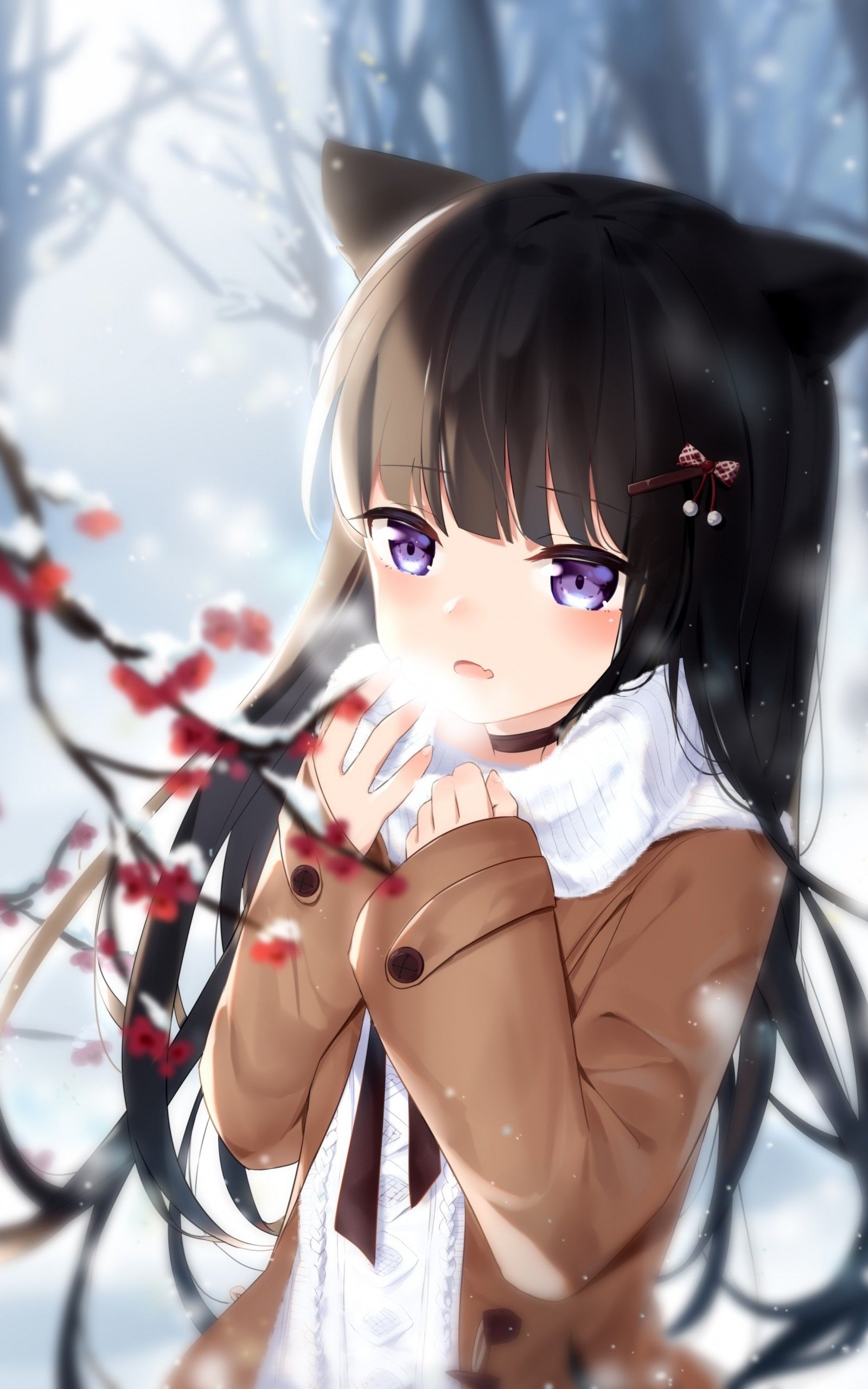 1600x2560 Download  Winter, Animal Ears, Cold, Anime Girl, Brown Hair Wallpaper for Google Nexus 10, Phone