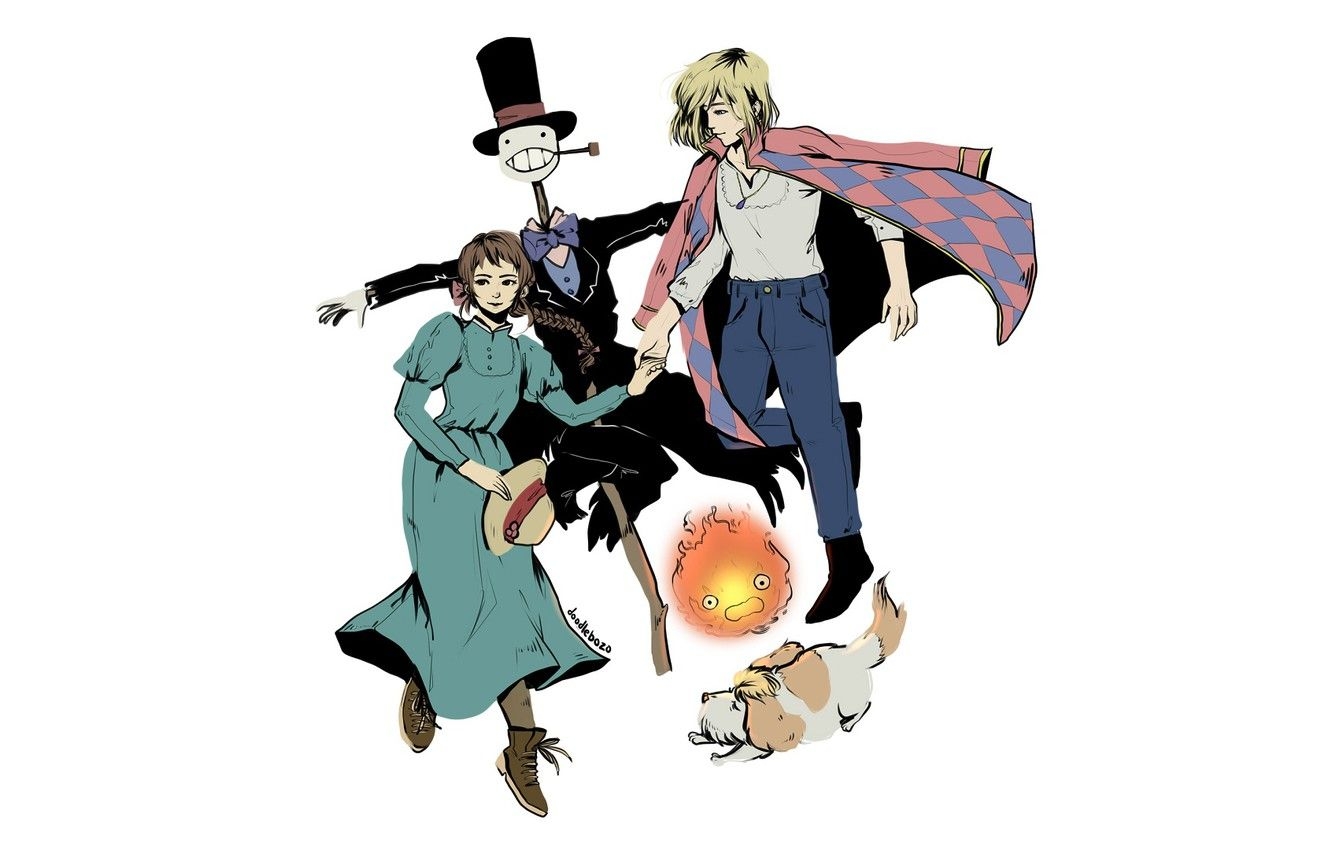 1340x850 Wallpaper girl, fire, dog, anime, art, guy, Sophie, characters, Scarecrow, Howl's moving castle, Howl's Moving Castle, Howl, Turnip, by doodlebozo, Calcifer, Hin image for desktop, section сёдзё, Desktop