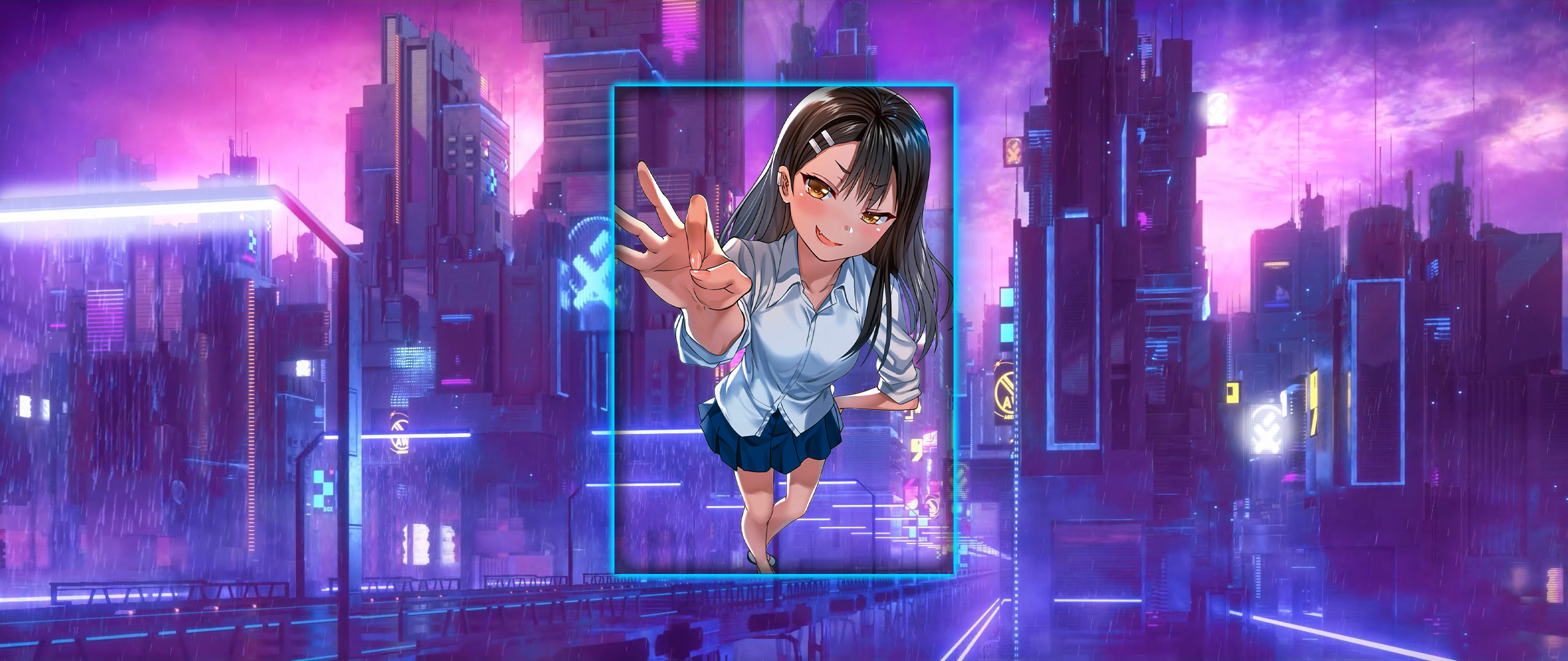 2560x1080 Nagatoro, Cyber, Ultrawide, Please Dont Bully Me, Cyberpunk, Nagatoro Hayase, Purple Background, Picture In Picture, Anime Girls Gallery HD Wallpaper, Dual Screen