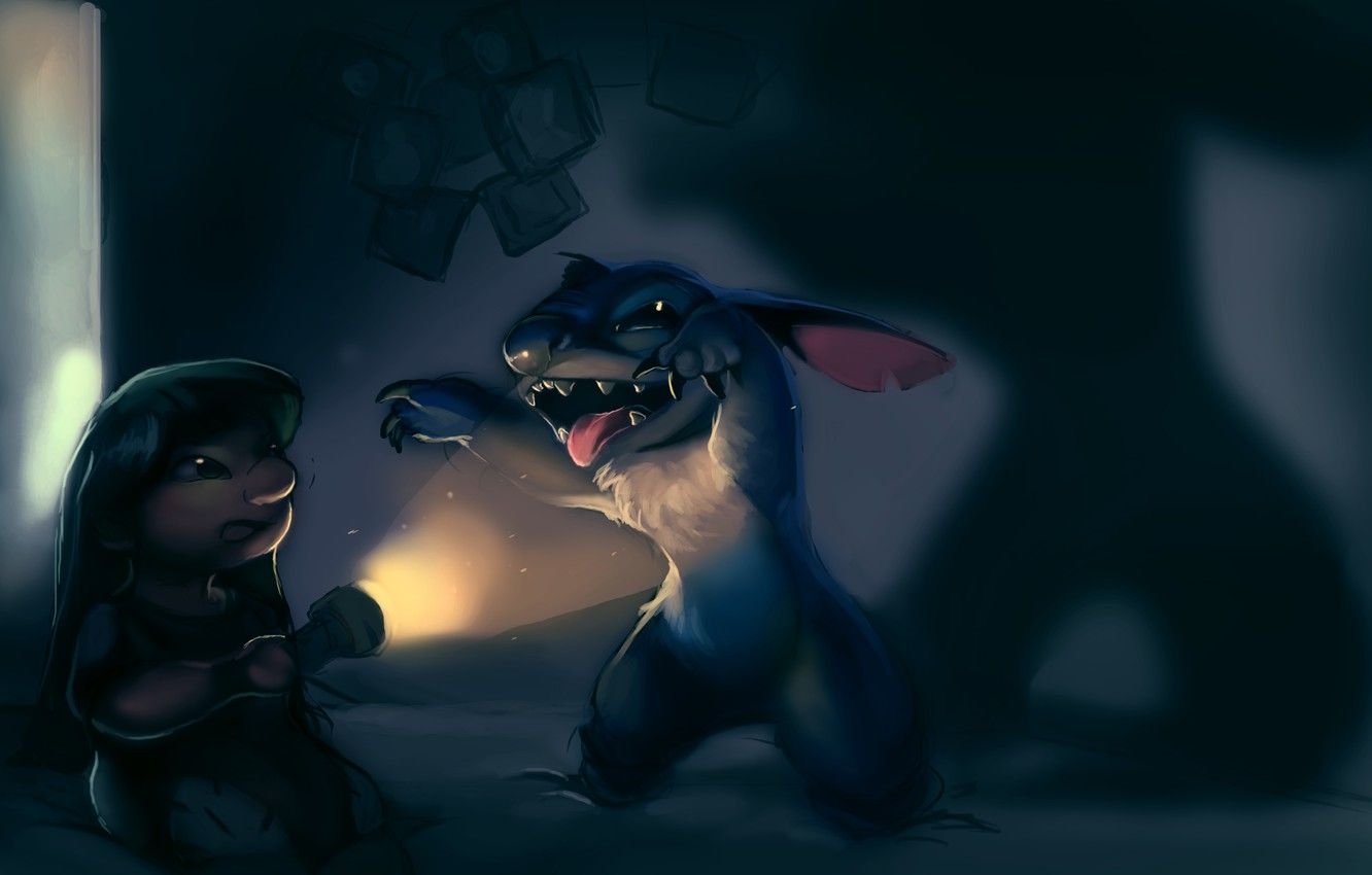 1340x850 Wallpaper night, room, dark, girl, lantern, alien, Stitch, Lilo and Stitch, Lilo image for desktop, section фильмы, Desktop