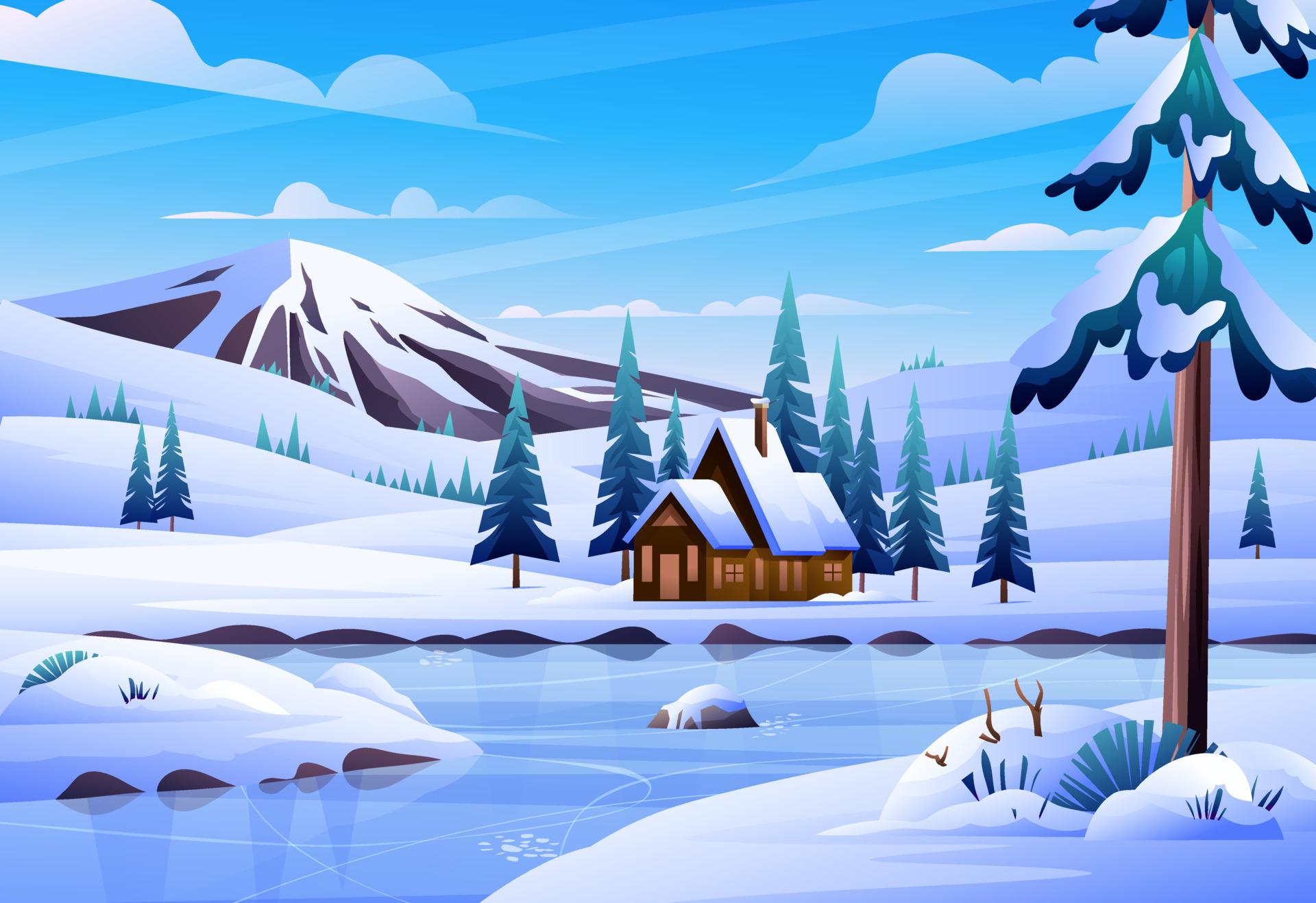 1920x1320 Winter landscape with a house, frozen lake and mountain background cartoon illustration, Desktop