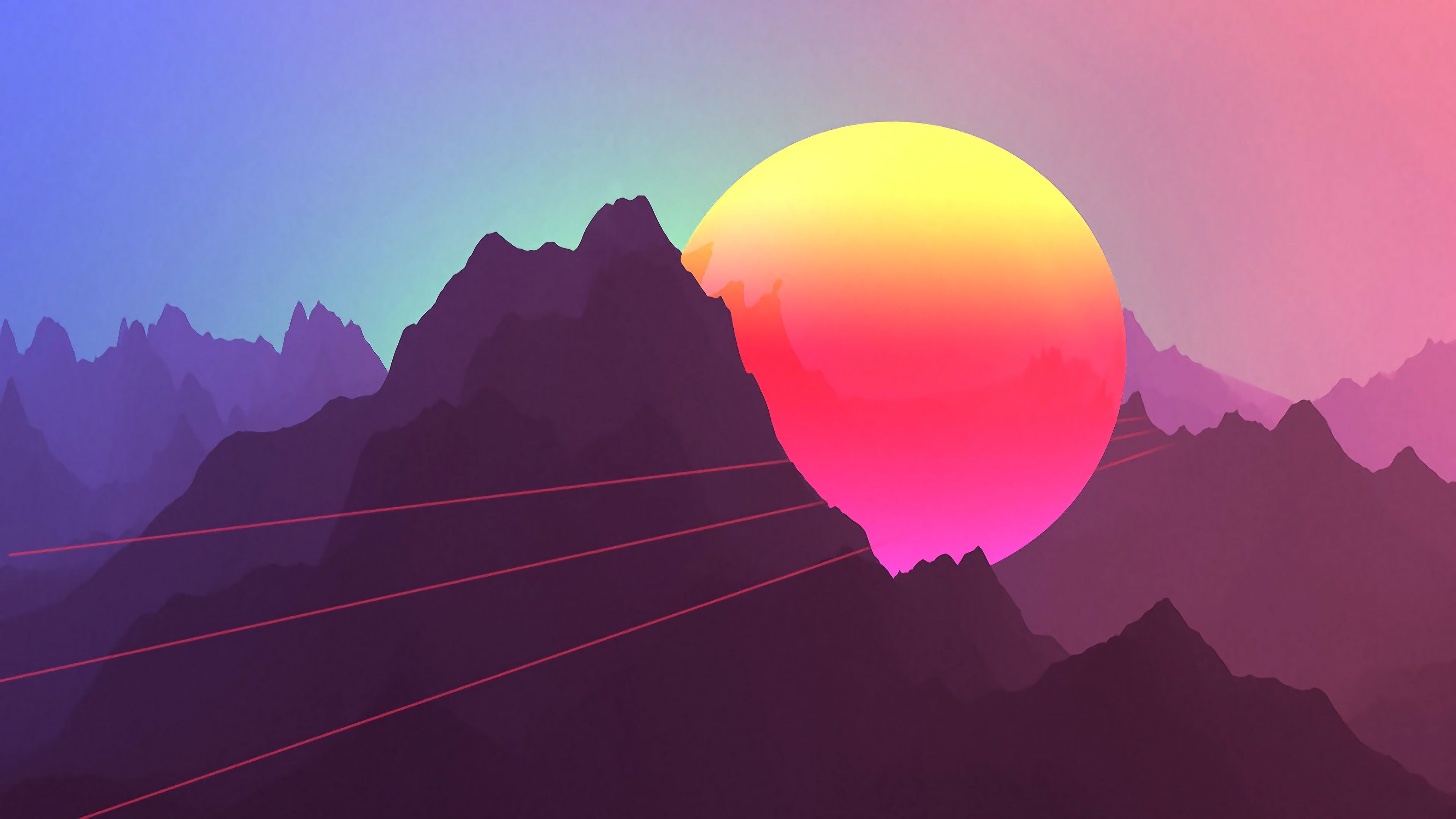 3840x2160 mountain under moon illustration #neon #sunset #mountains Retro, Desktop