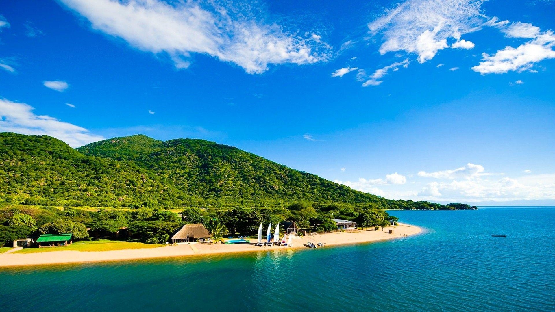 1920x1080 green, water, blue, clouds, landscapes, nature, sand, white, hills, Desktop