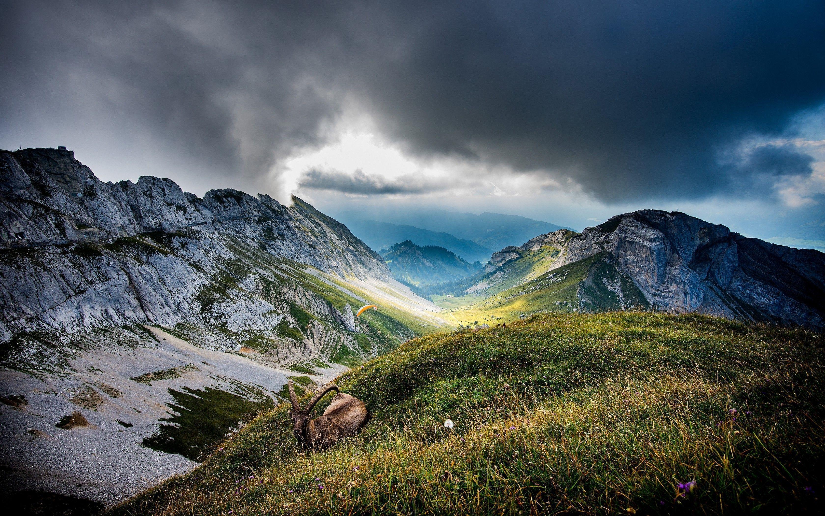 3360x2100 mountain, Clouds, Ibex, Nature, Landscape, Paragliding, Valley, Desktop