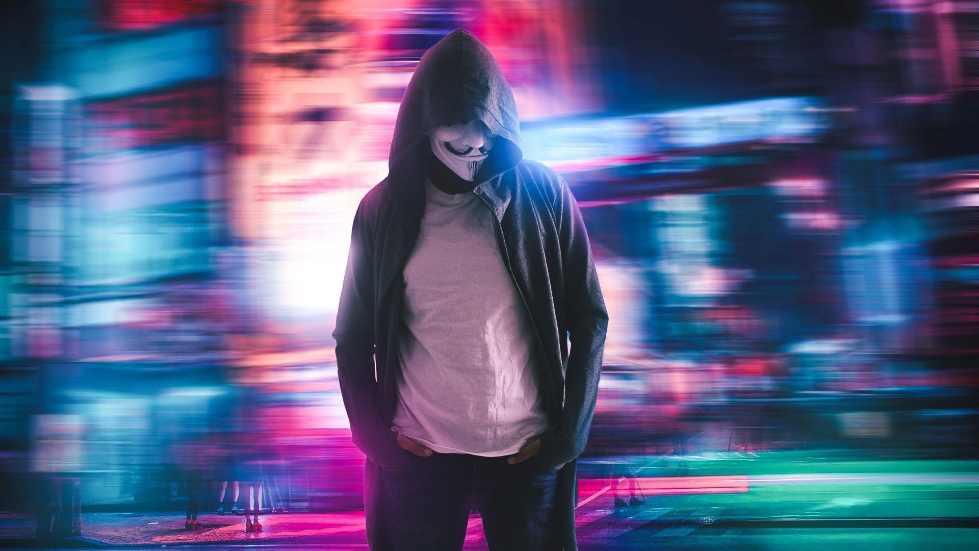 1920x1080 Download  Masked Man, Anonymous, Hoodie, Hacker, Neon, Desktop