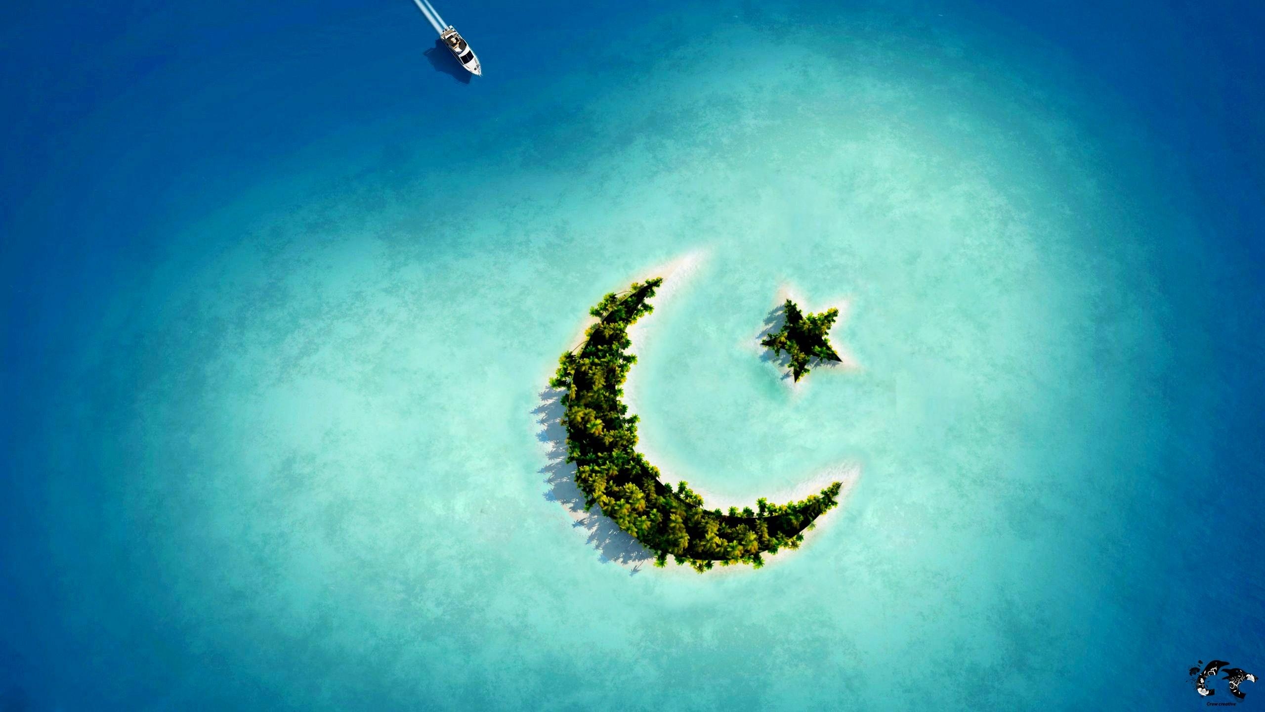 2560x1440 Crescent Moon Star Island Wallpaper, Desktop