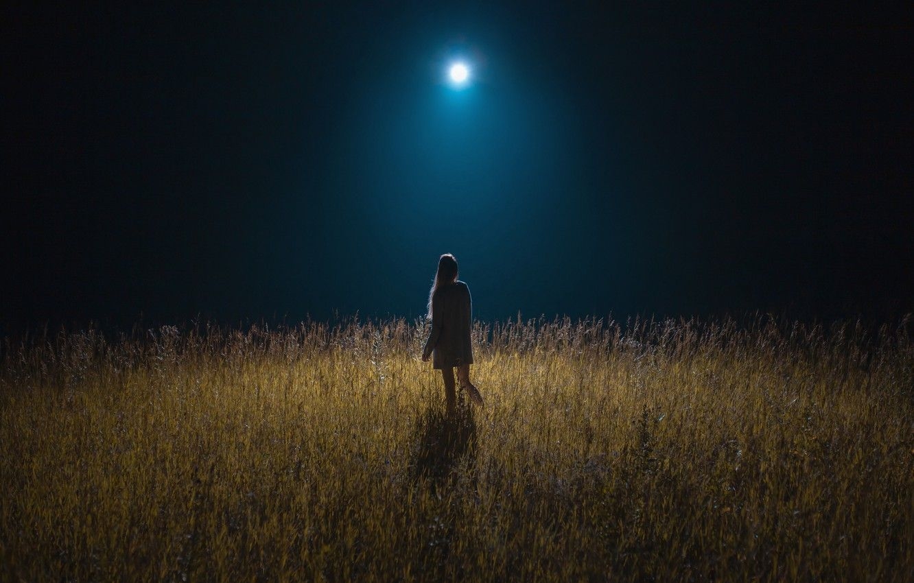 1340x850 Wallpaper wallpaper, girl, moon, field, girls, nature, night, mood, moonlight, meadow image for desktop, section настроения, Desktop