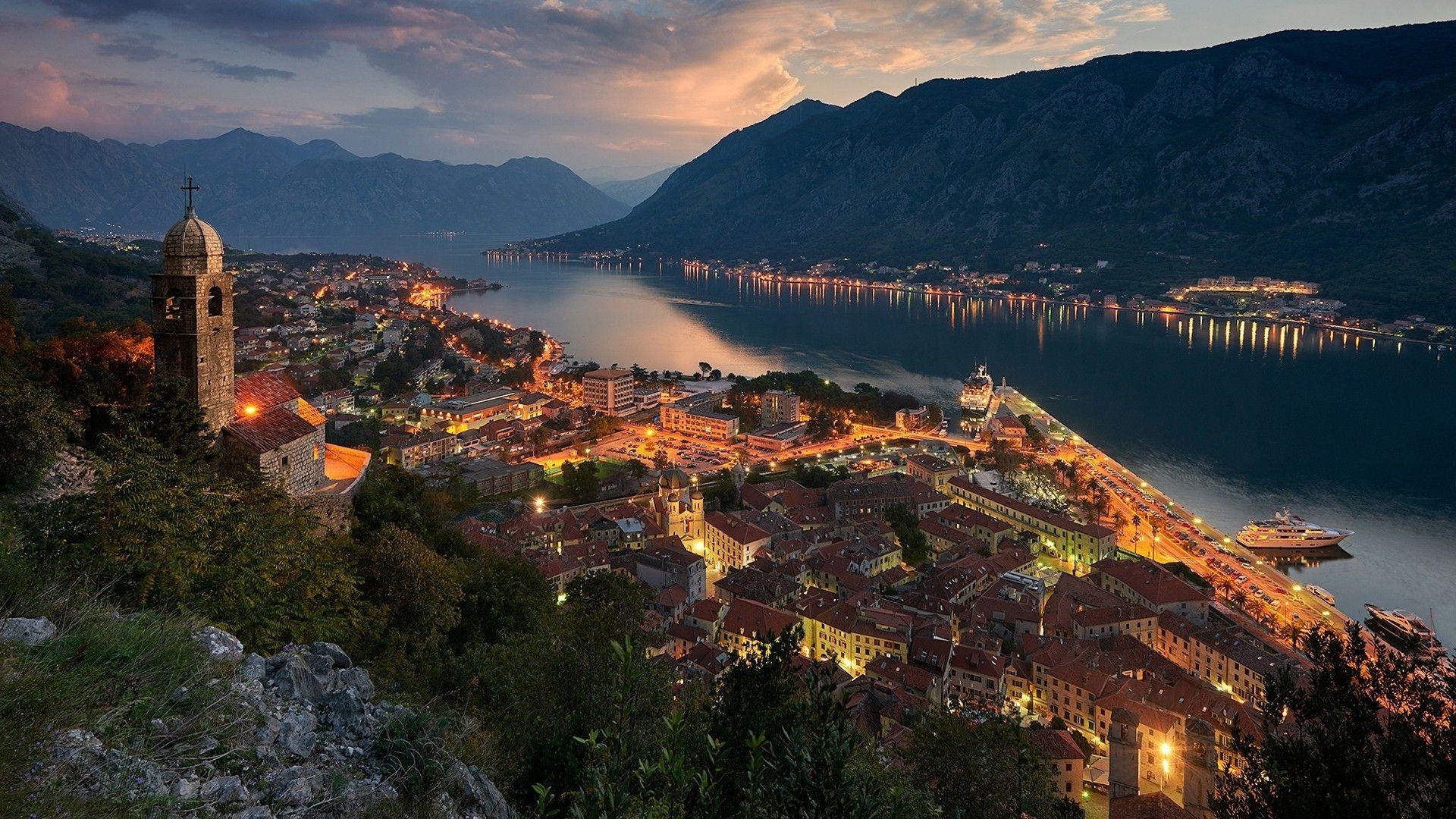 1920x1080 Montenegro, Kotor (town), Mountain, Building, Lights, Landscape, Desktop