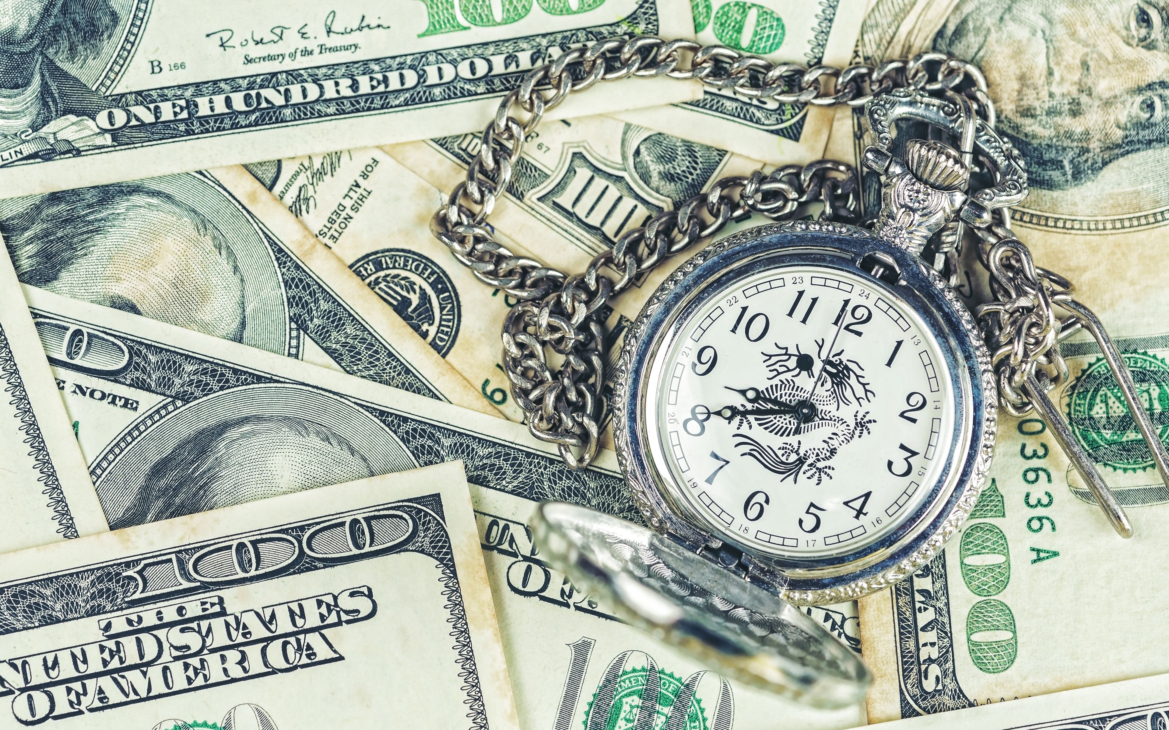 3840x2400 Download wallpaper time is money, Pocket Watch on dollars, old watch, finance concepts, business, money, american dollars for desktop with resolution. High Quality HD picture wallpaper, Desktop