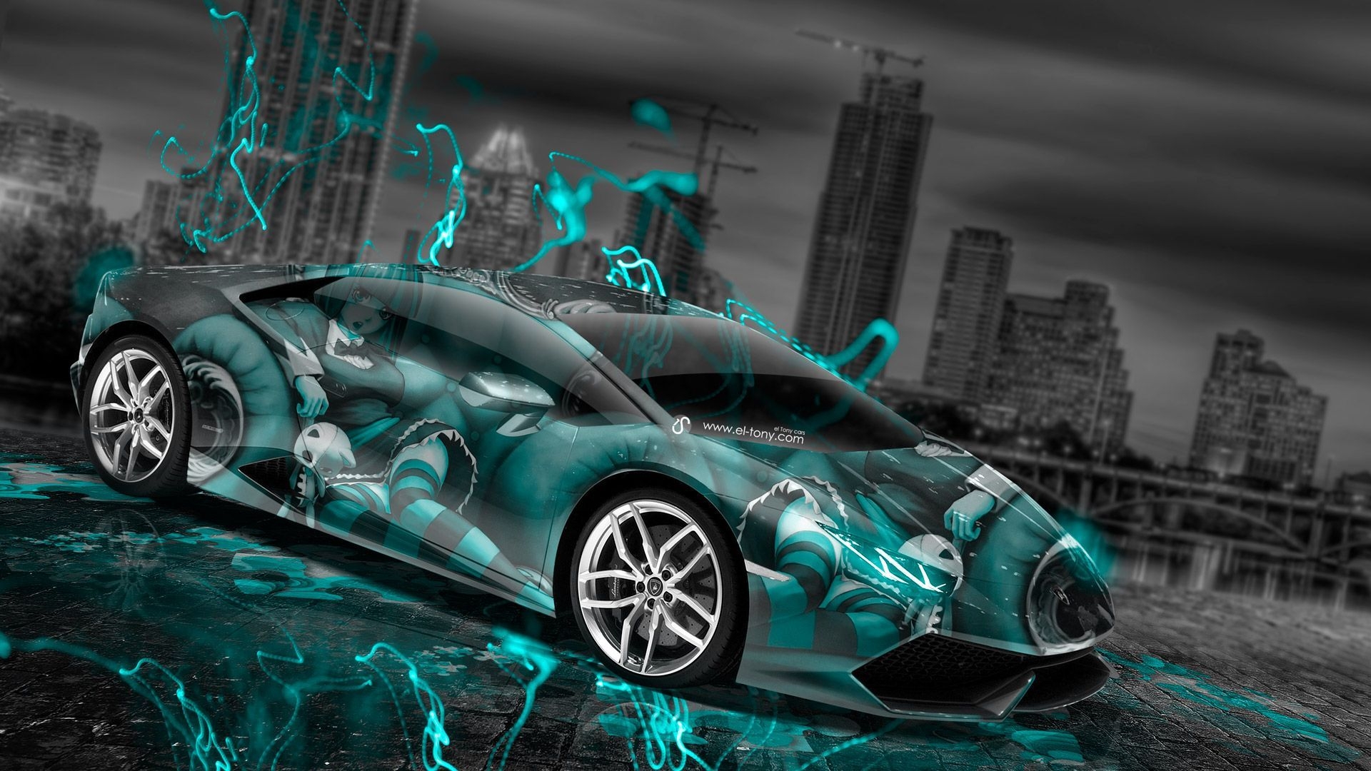 1920x1080 All in One Wallpaper: Lamborghini Huracan Anime Aerography City, Desktop