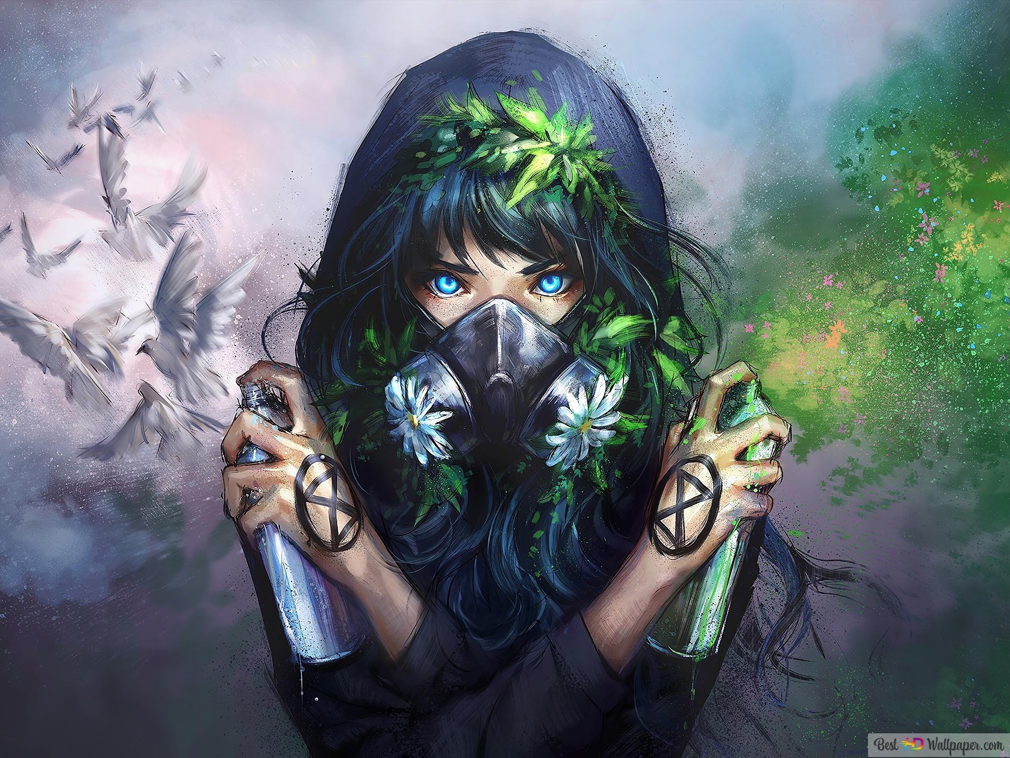 2050x1540 Anime Gas Mask Girl 4K wallpaper download, Desktop