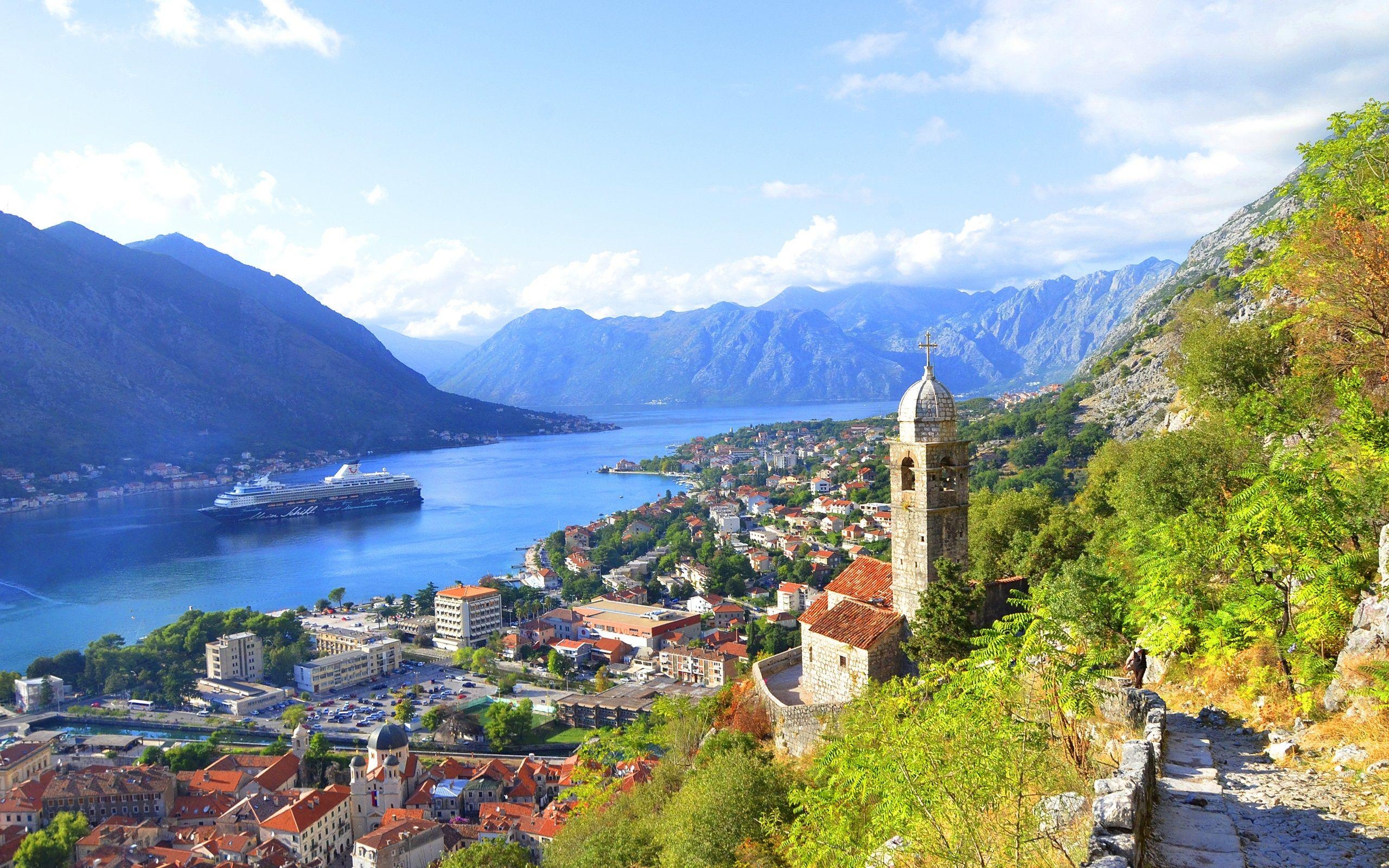 2560x1600 Kotor Bay, Montenegro, river, mountains, city, houses, clouds, Desktop